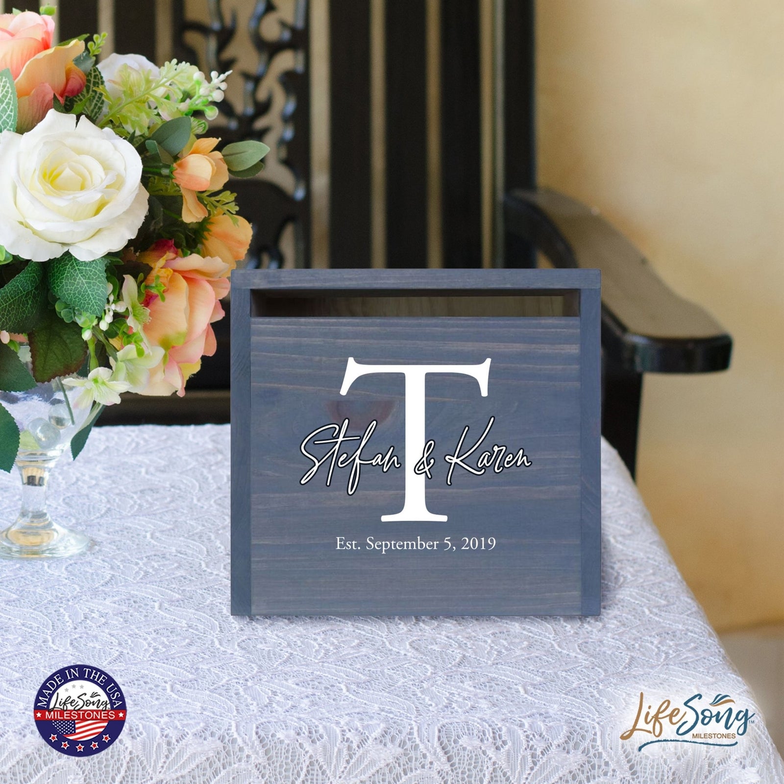 Personalized Wooden Card Box for Wedding Ceremonies, Venues, Receptions, Bridal Showers, and Engagement Parties 13.5x12 - Stefan & Karen (T) - LifeSong Milestones