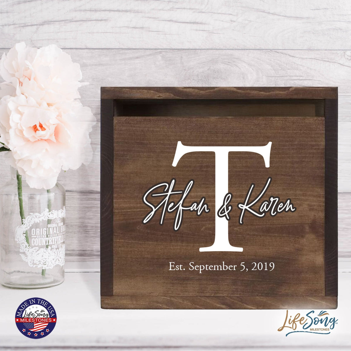 Personalized Wooden Card Box for Wedding Ceremonies, Venues, Receptions, Bridal Showers, and Engagement Parties 13.5x12 - Stefan & Karen (T) - LifeSong Milestones