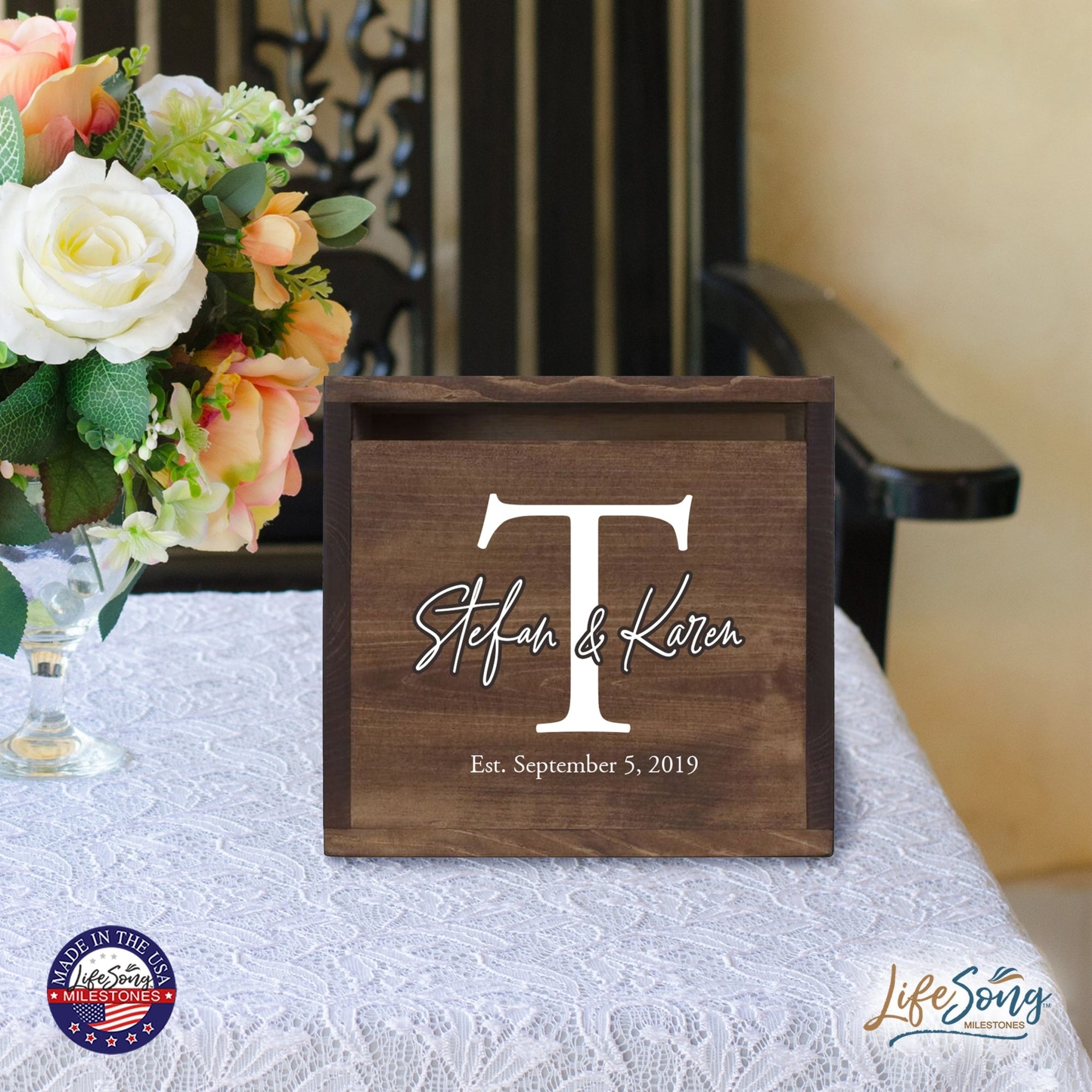 Personalized Wooden Card Box for Wedding Ceremonies, Venues, Receptions, Bridal Showers, and Engagement Parties 13.5x12 - Stefan & Karen (T) - LifeSong Milestones