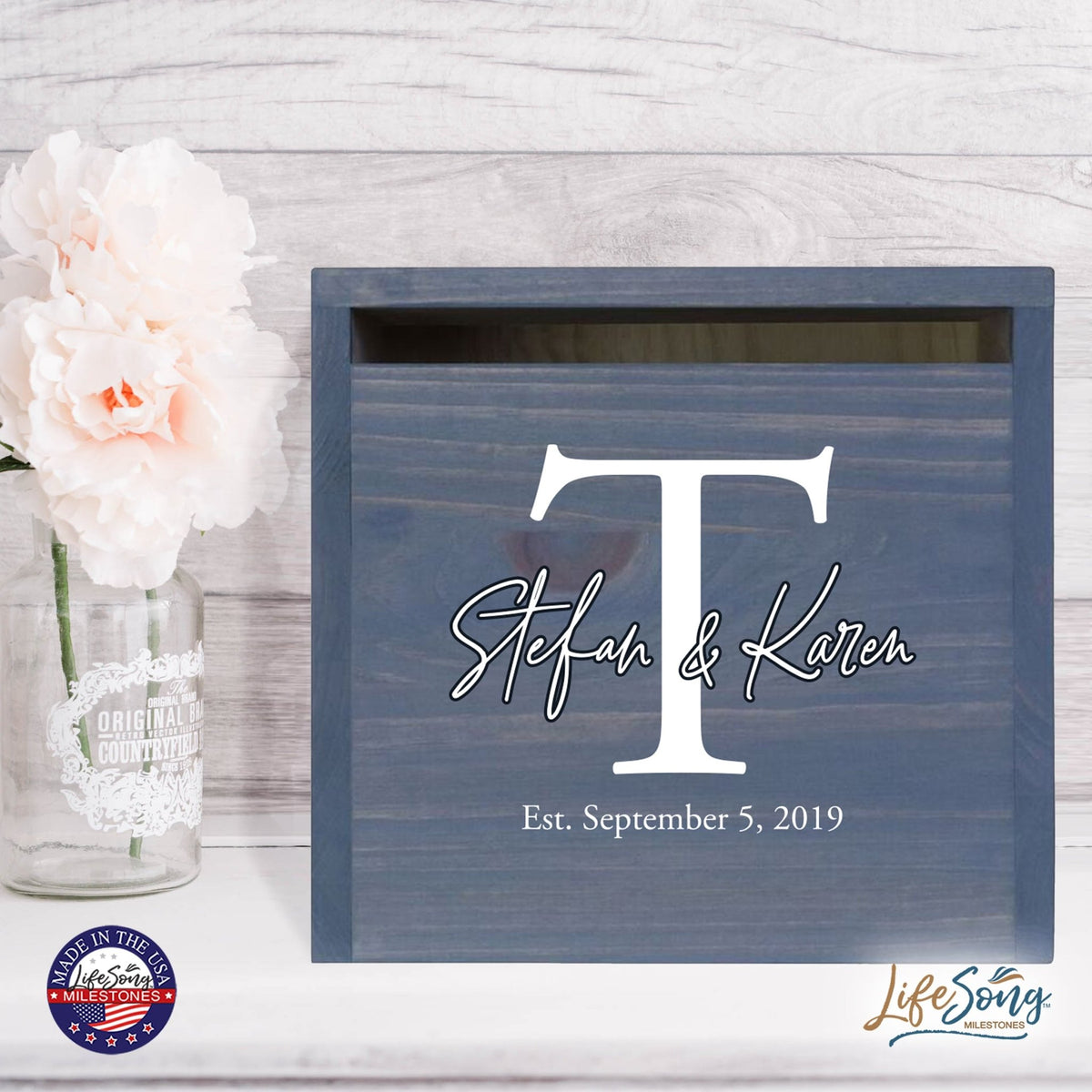 Personalized Wooden Card Box for Wedding Ceremonies, Venues, Receptions, Bridal Showers, and Engagement Parties 13.5x12 - Stefan & Karen (T) - LifeSong Milestones