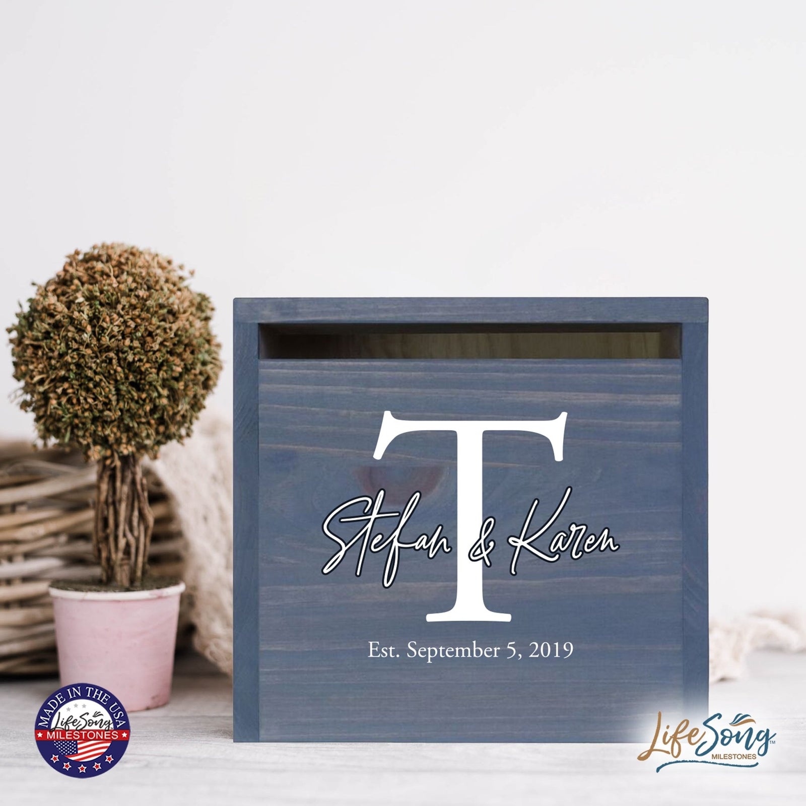 Personalized Wooden Card Box for Wedding Ceremonies, Venues, Receptions, Bridal Showers, and Engagement Parties 13.5x12 - Stefan & Karen (T) - LifeSong Milestones