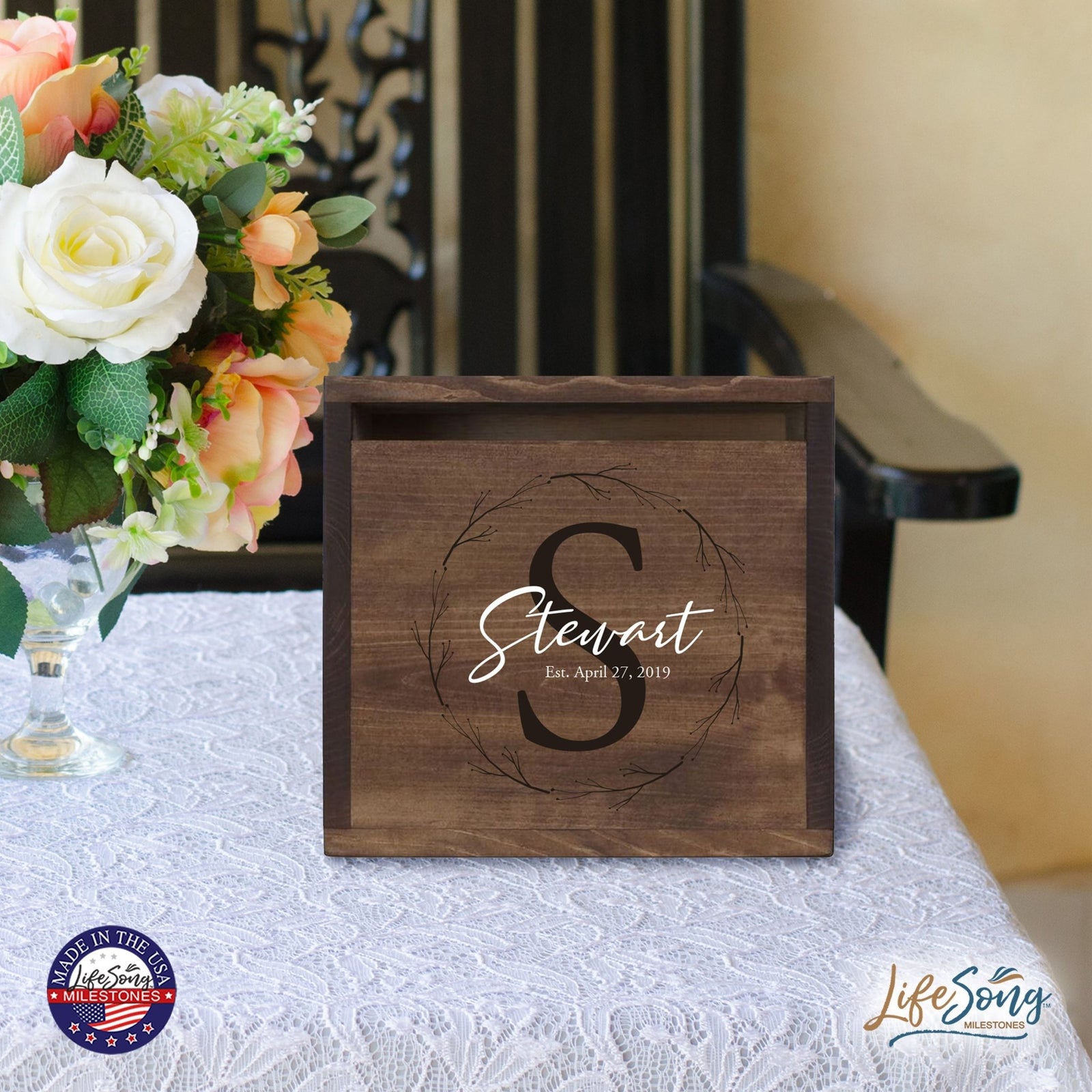 Personalized Wooden Card Box for Wedding Ceremonies, Venues, Receptions, Bridal Showers, and Engagement Parties 13.5x12 - Stewart (S) - LifeSong Milestones