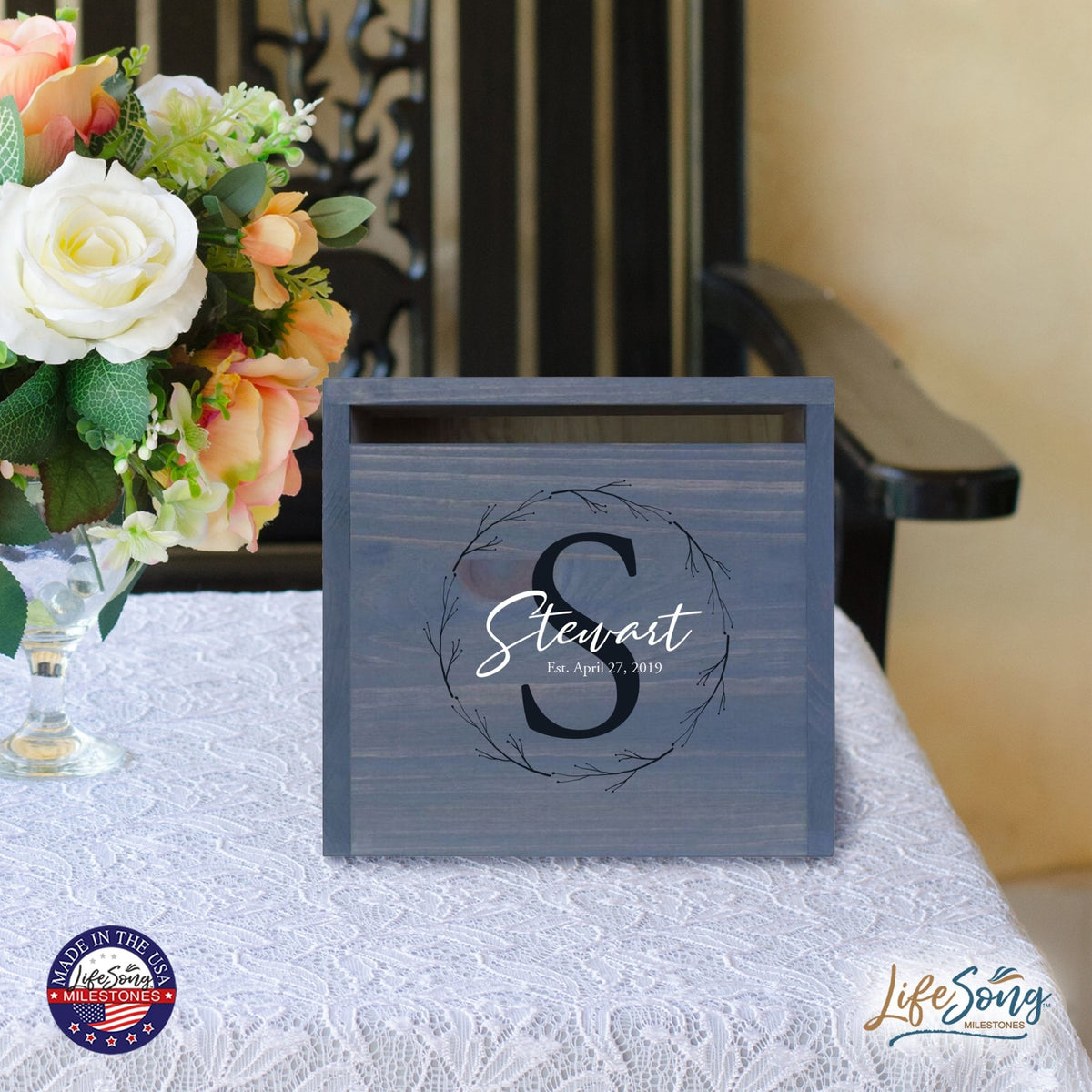 Personalized Wooden Card Box for Wedding Ceremonies, Venues, Receptions, Bridal Showers, and Engagement Parties 13.5x12 - Stewart (S) - LifeSong Milestones