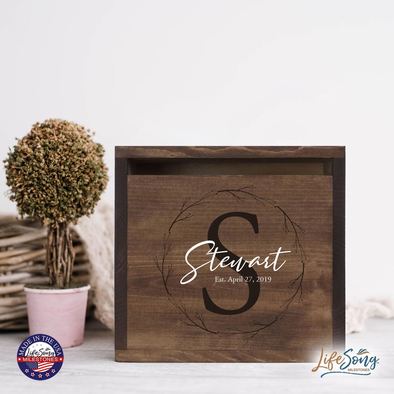 Personalized Wooden Card Box for Wedding Ceremonies, Venues, Receptions, Bridal Showers, and Engagement Parties 13.5x12 - Stewart (S) - LifeSong Milestones