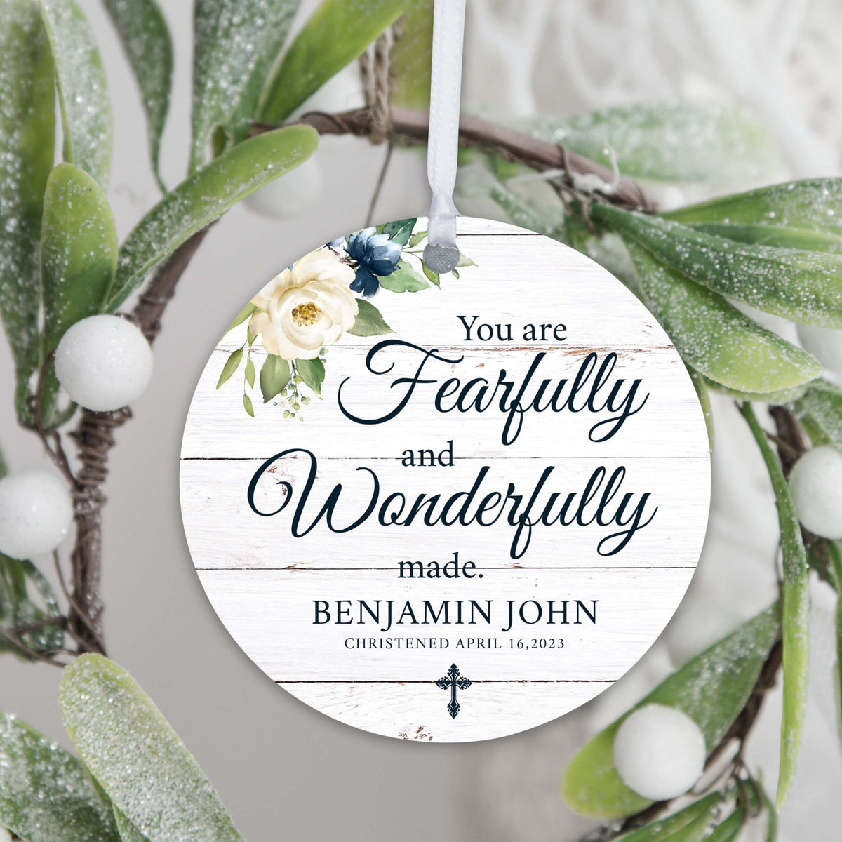 Personalized Wooden Christening Ornament - Be Strong & Courageous - LifeSong Milestones