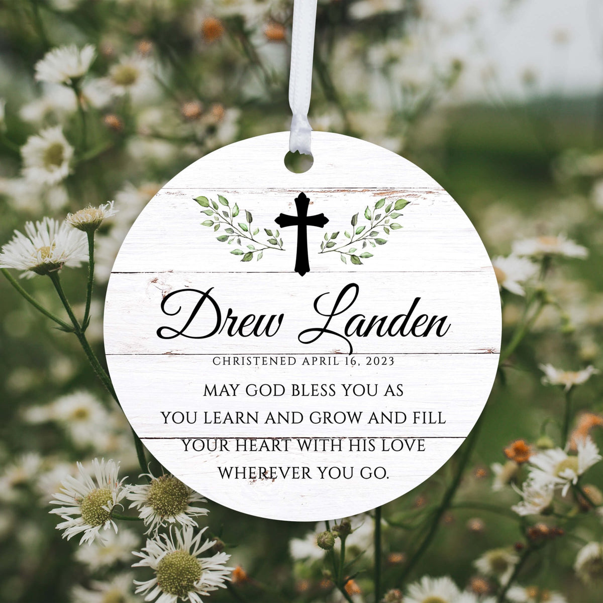 Personalized Wooden Christening Ornament - Be Strong & Courageous - LifeSong Milestones