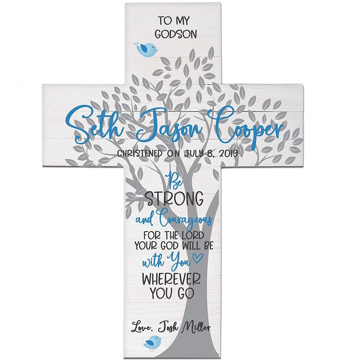 Personalized Wooden Christening Wall Cross for Godchild - Be Strong and Courageous - LifeSong Milestones