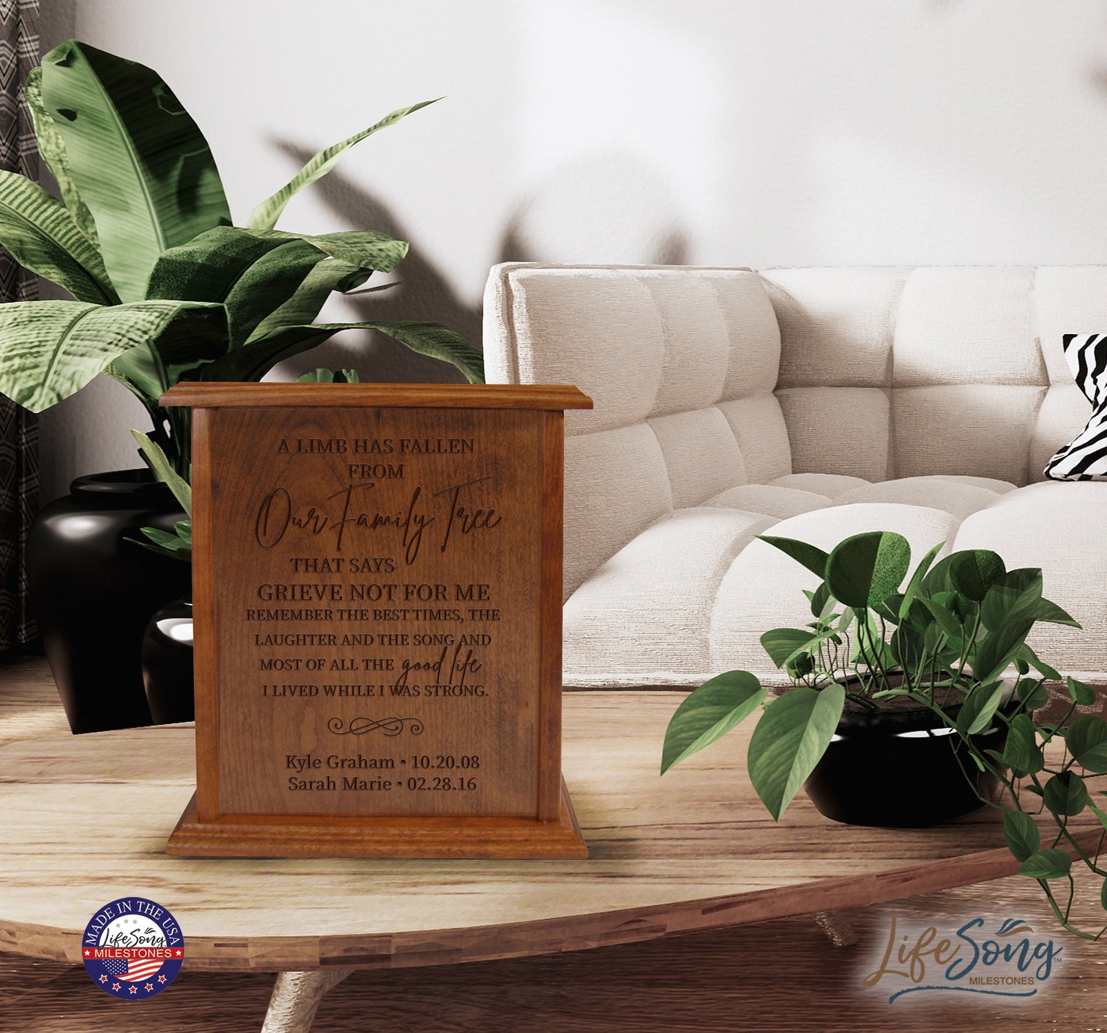 Personalized Wooden Cremation Urn holds 272 cu in of Human Ashes A Limb Has Fallen 9.75”x 7”x8.5” - LifeSong Milestones