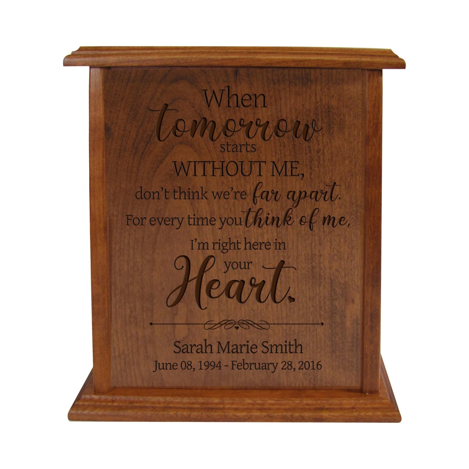 Personalized Wooden Cremation Urn holds 272 cu in of Human Ashes When Tomorrow Starts 9.75”x 7”x8.5” - LifeSong Milestones