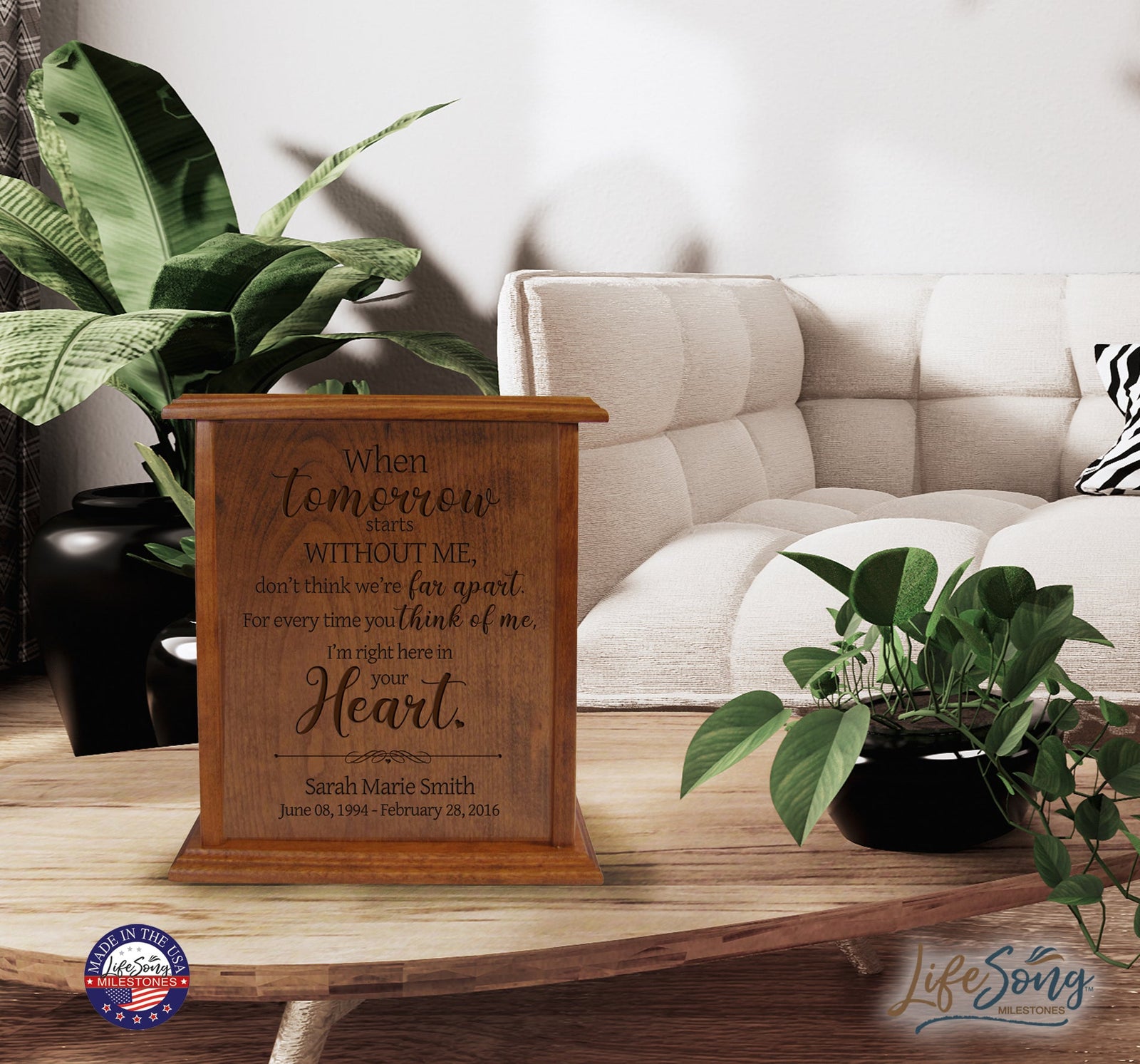 Personalized Wooden Cremation Urn holds 272 cu in of Human Ashes When Tomorrow Starts 9.75”x 7”x8.5” - LifeSong Milestones