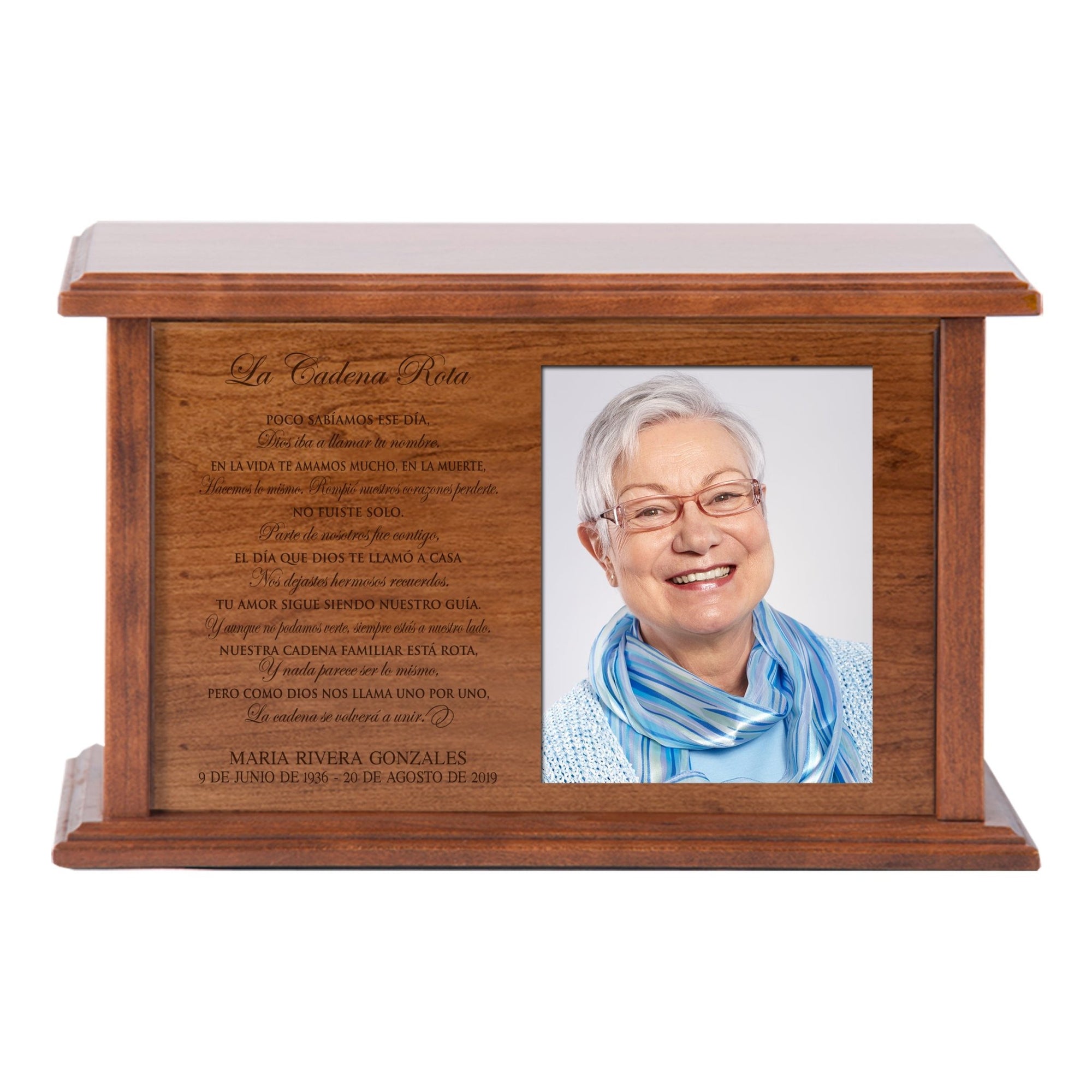 Personalized Wooden Cremation Urn with Picture Frame La Cadena Rota - LifeSong Milestones