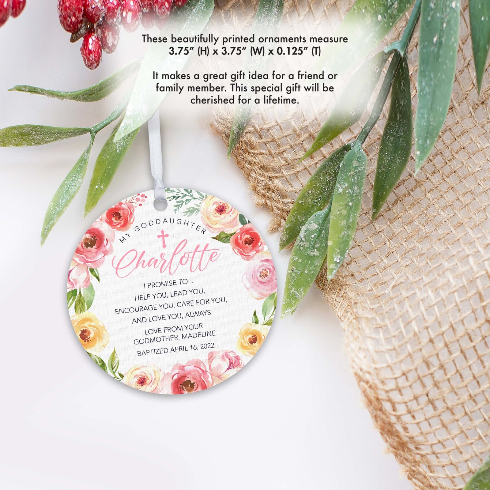 Personalized Unique Wooden Baptism Ornament Gift for Goddaughter