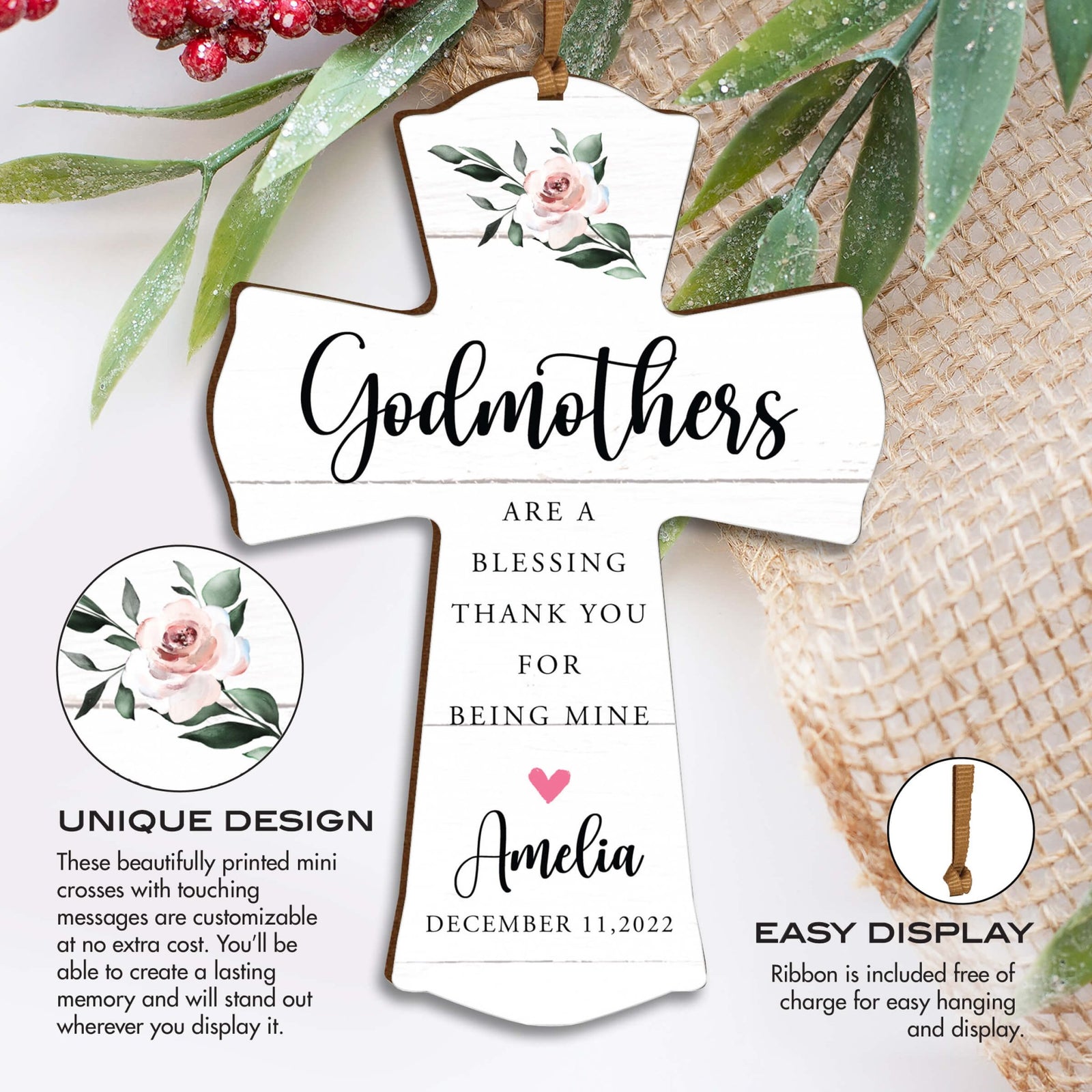 Personalized Wooden Hanging Mini Cross for Godmother - LifeSong Milestones