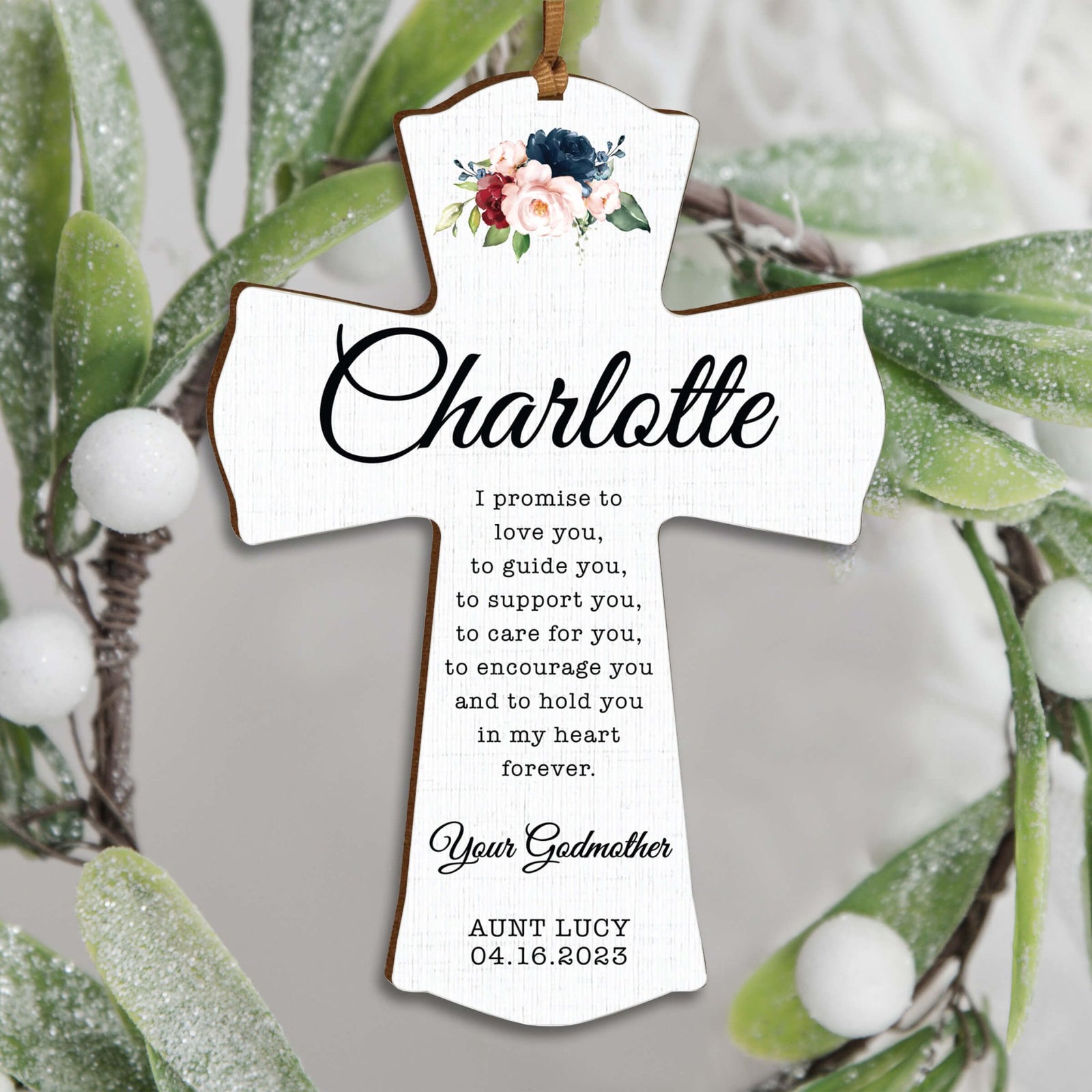 Personalized Wooden Hanging Mini Cross for Godmother - LifeSong Milestones