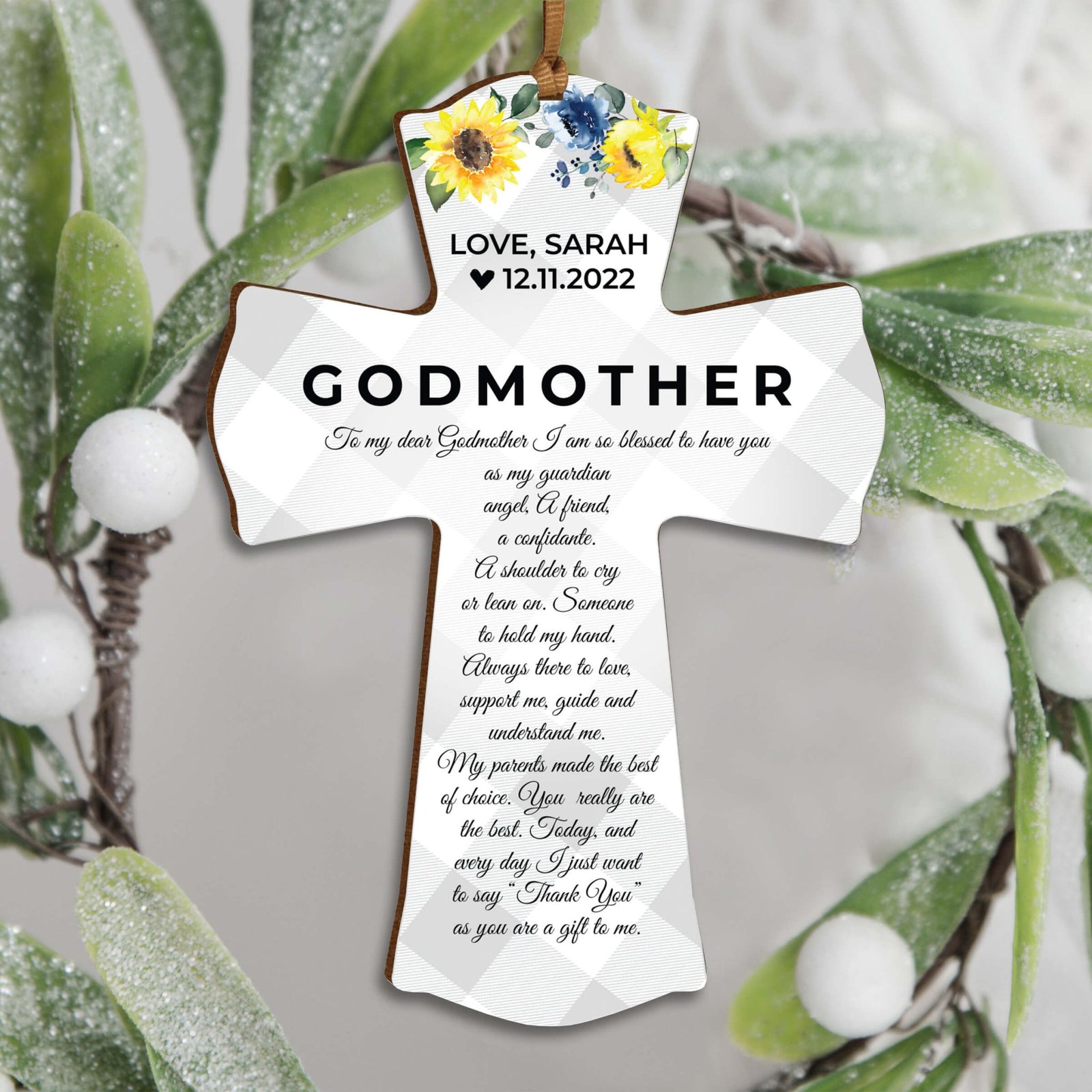 Personalized Wooden Hanging Mini Cross for Godmother - LifeSong Milestones