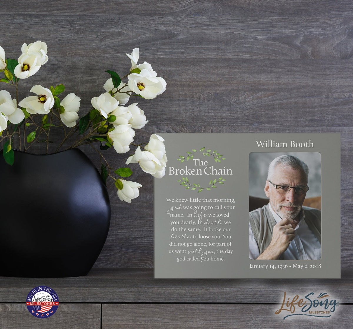 Personalized Wooden Memorial 8x10 Picture Frame holds 4x6 photo Broken Chain (wreath) - LifeSong Milestones