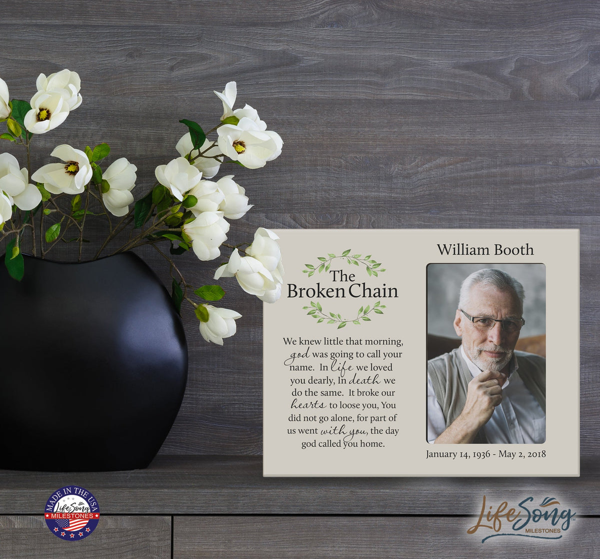 Personalized Wooden Memorial 8x10 Picture Frame holds 4x6 photo Broken Chain (wreath) - LifeSong Milestones