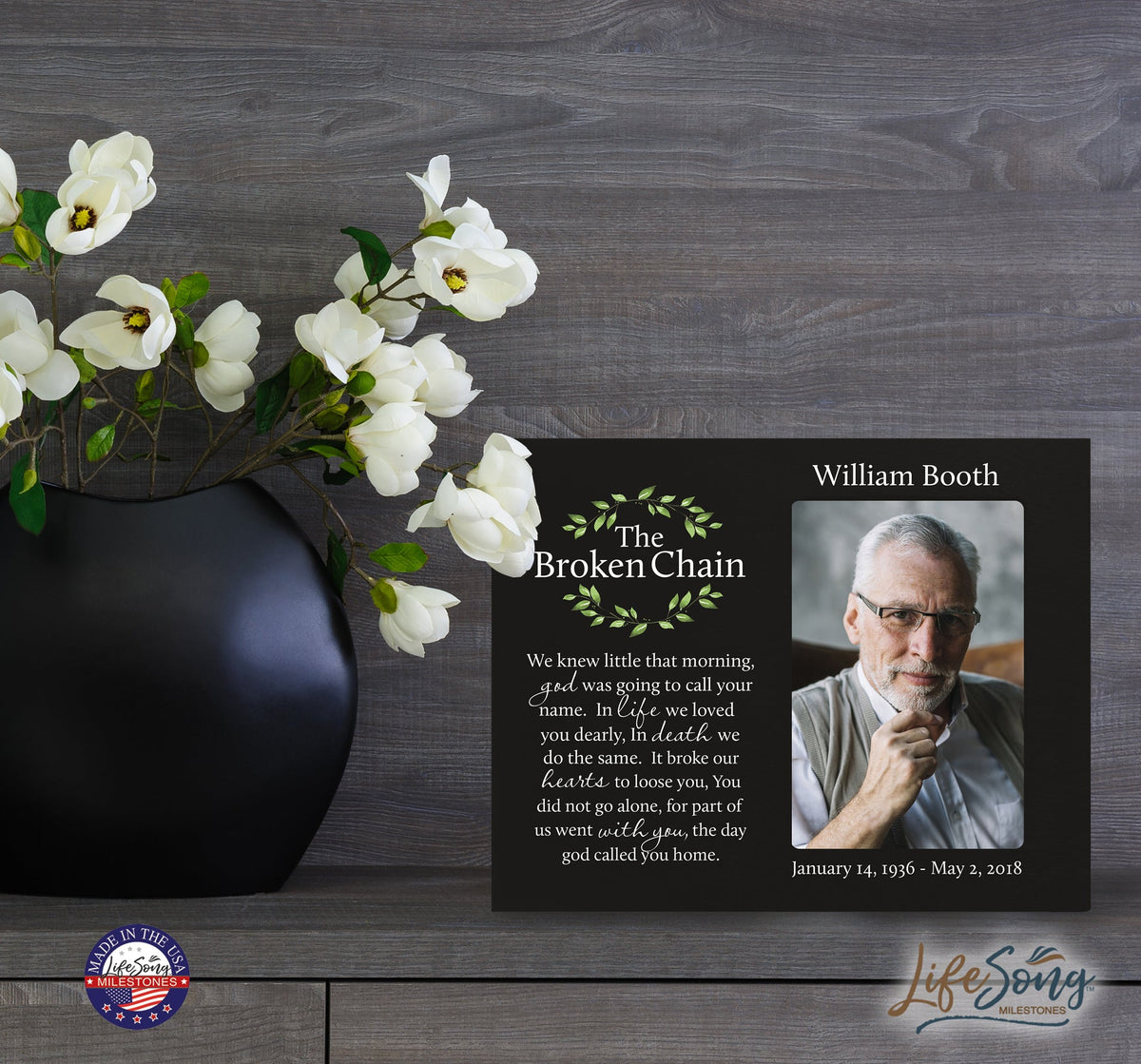 Personalized Wooden Memorial 8x10 Picture Frame holds 4x6 photo Broken Chain (wreath) - LifeSong Milestones