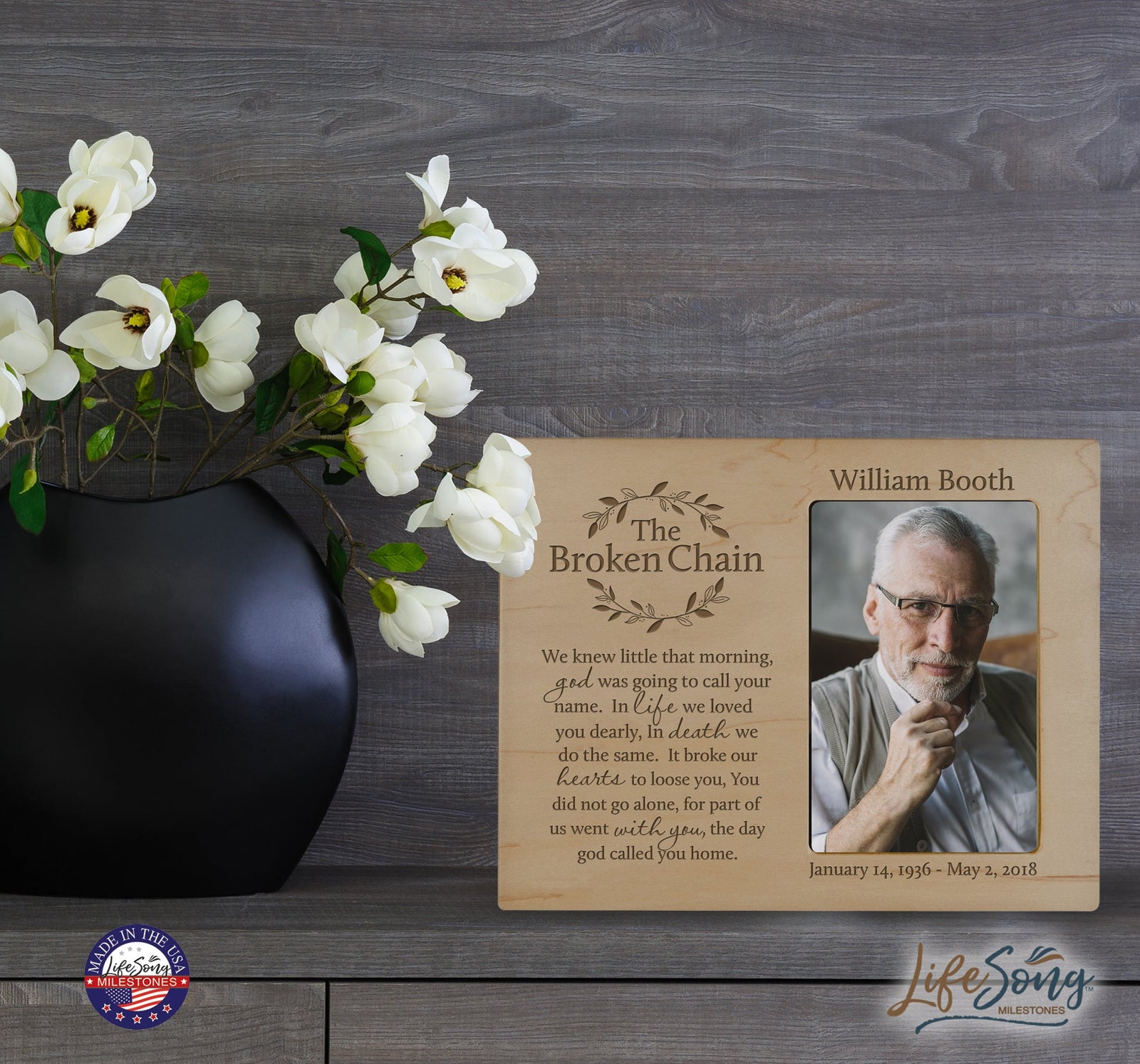 Personalized Wooden Memorial 8x10 Picture Frame holds 4x6 photo Broken Chain (wreath) - LifeSong Milestones