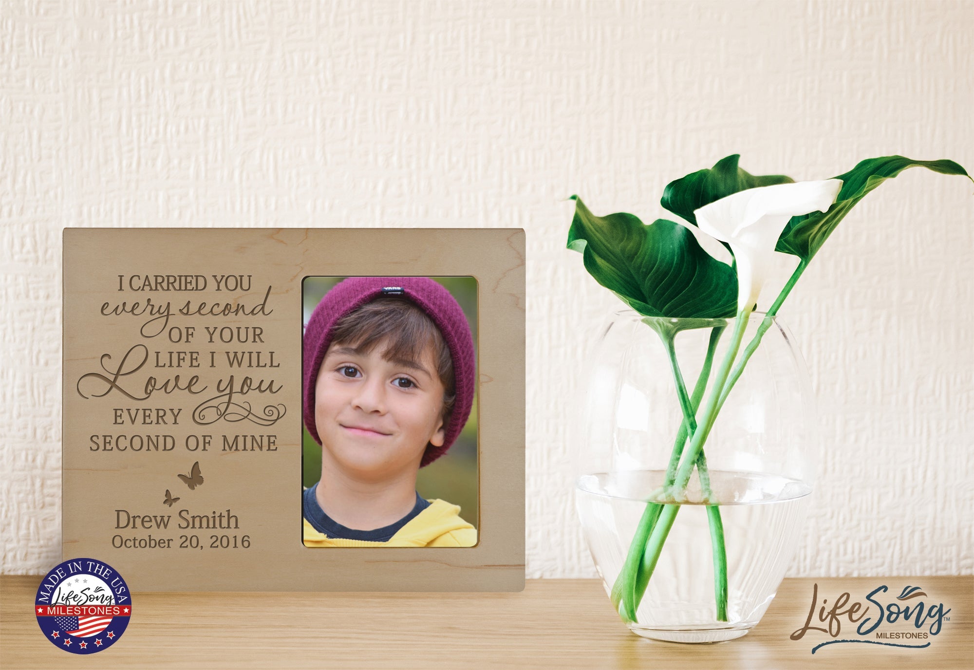 Personalized Wooden Memorial 8x10 Picture Frame holds 4x6 photo I Carried You Every Second - LifeSong Milestones