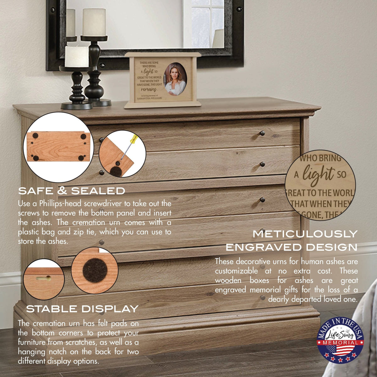 Personalized Wooden Memorial Decorative Photo Urn For Human Ashes - There Are Some Who Bring The Light - LifeSong Milestones