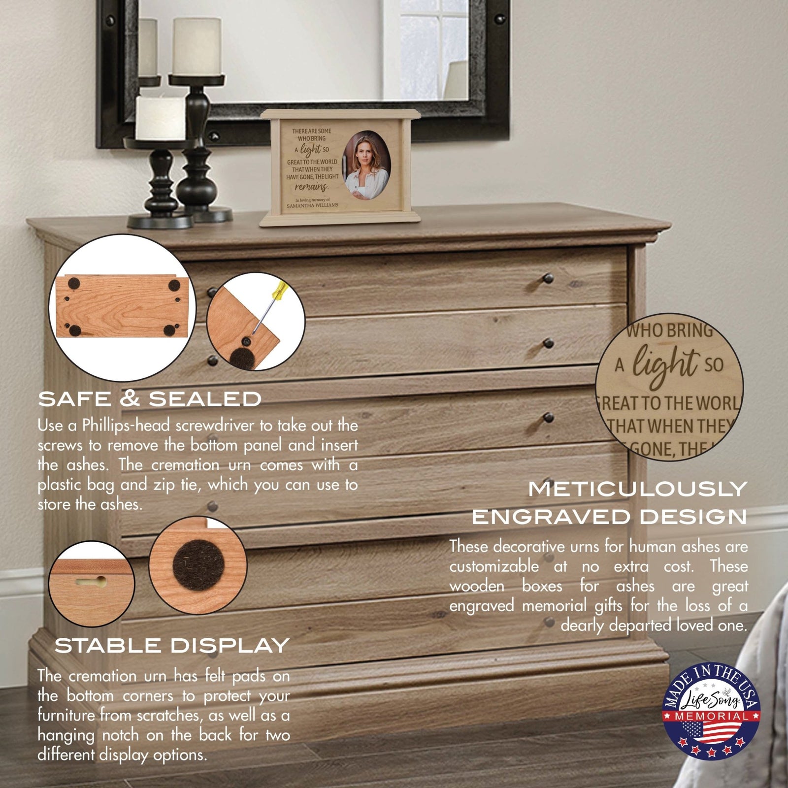 Personalized Wooden Memorial Decorative Photo Urn For Human Ashes - There Are Some Who Bring The Light - LifeSong Milestones