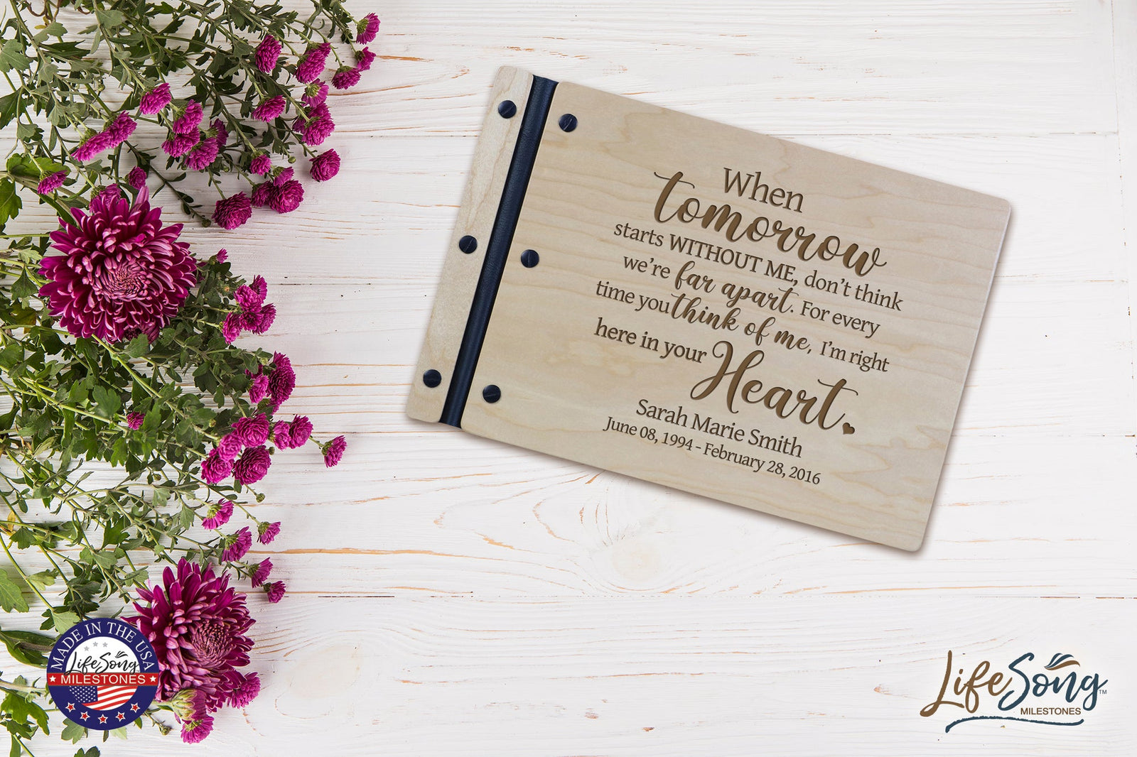 Personalized Wooden Memorial Guestbook 12.375” x 8.5” x .75” - When Tomorrow Starts - LifeSong Milestones