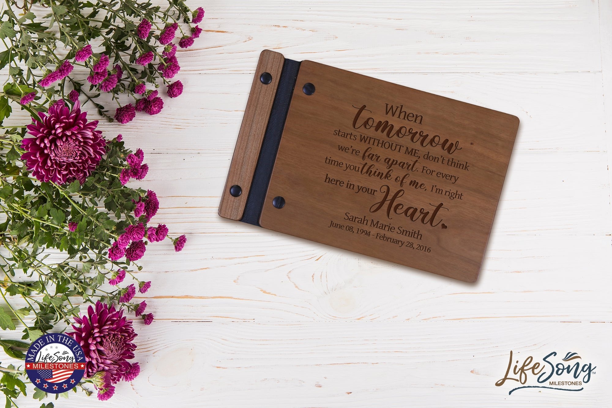 Personalized Wooden Memorial Guestbook 9.375” x 6” x .75" - When Tomorrow Starts - LifeSong Milestones