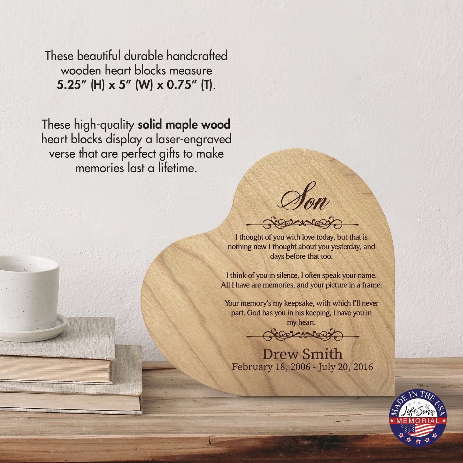 Personalized Wooden Memorial Heart Shaped Tabletop Sign - I Thought Of You With Love - LifeSong Milestones