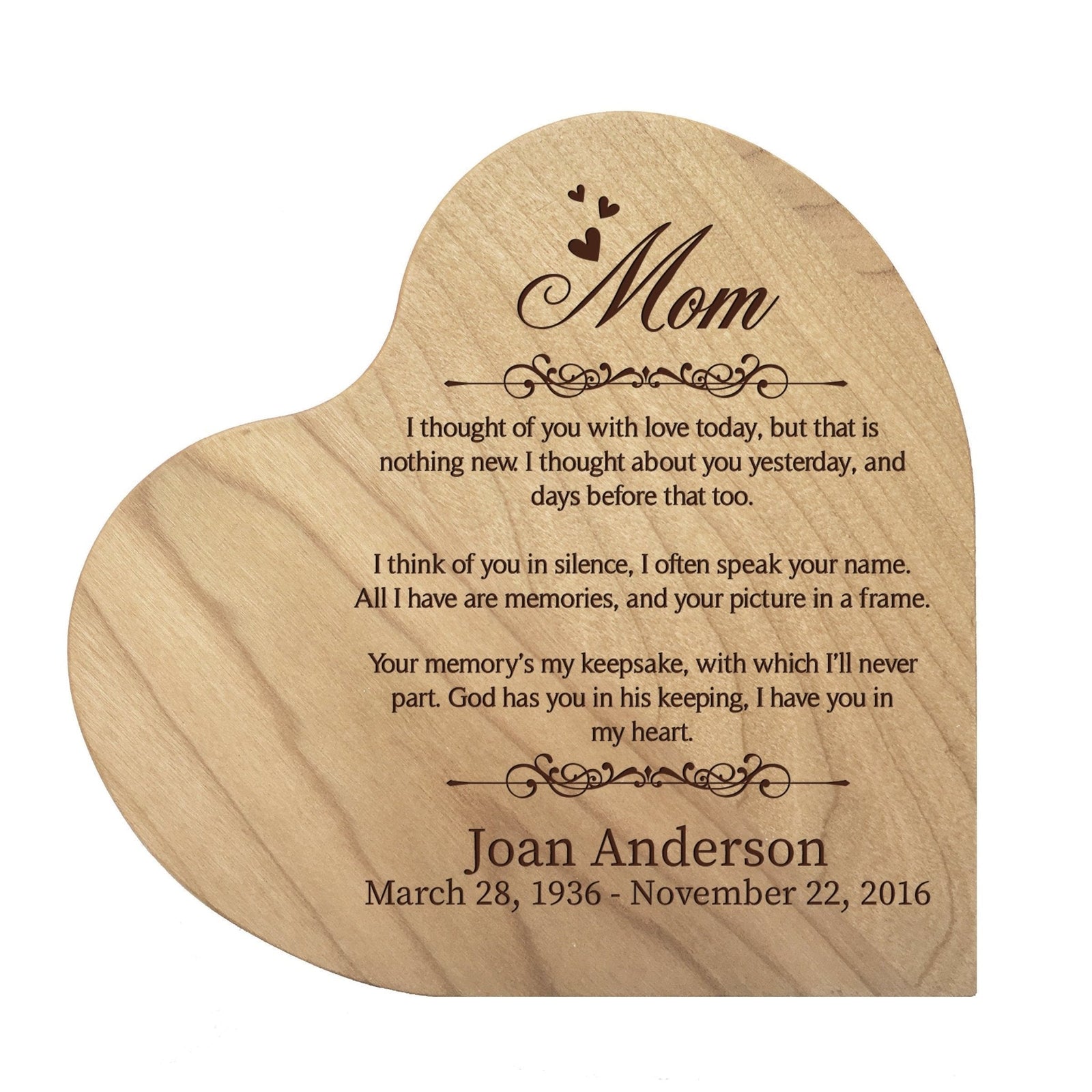 Personalized Wooden Memorial Heart Shaped Tabletop Sign - I Thought Of You With Love - LifeSong Milestones
