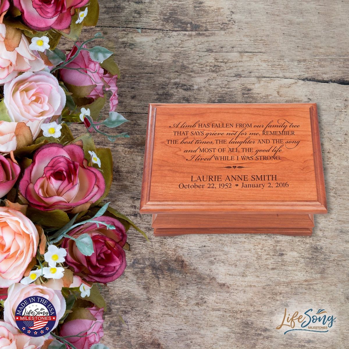 Personalized Wooden Memorial Jewelry Box Organizer 11.5x8.25 – A Limb Has Fallen - LifeSong Milestones