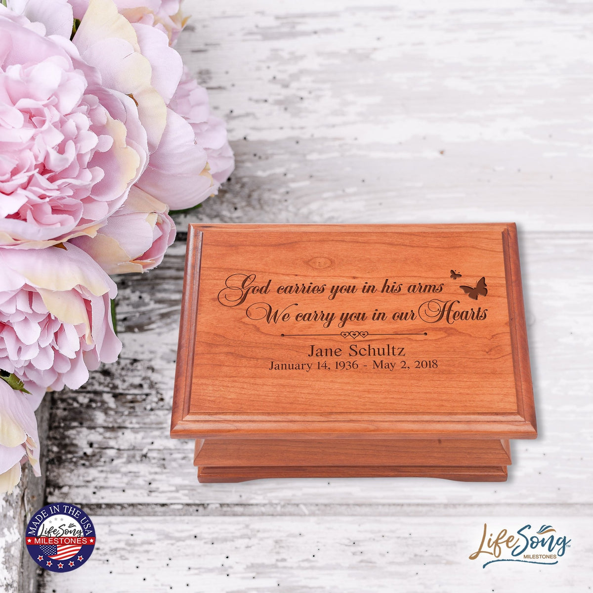 Personalized Wooden Memorial Jewelry Box Organizer 11.5x8.25 – God Carries You - LifeSong Milestones