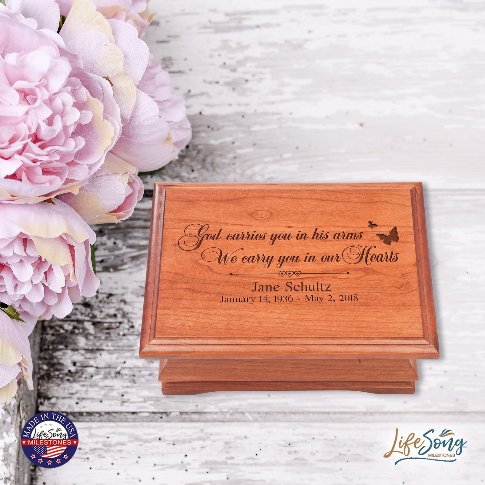 Personalized Wooden Memorial Jewelry Box Organizer 11.5x8.25 – God Carries You - LifeSong Milestones