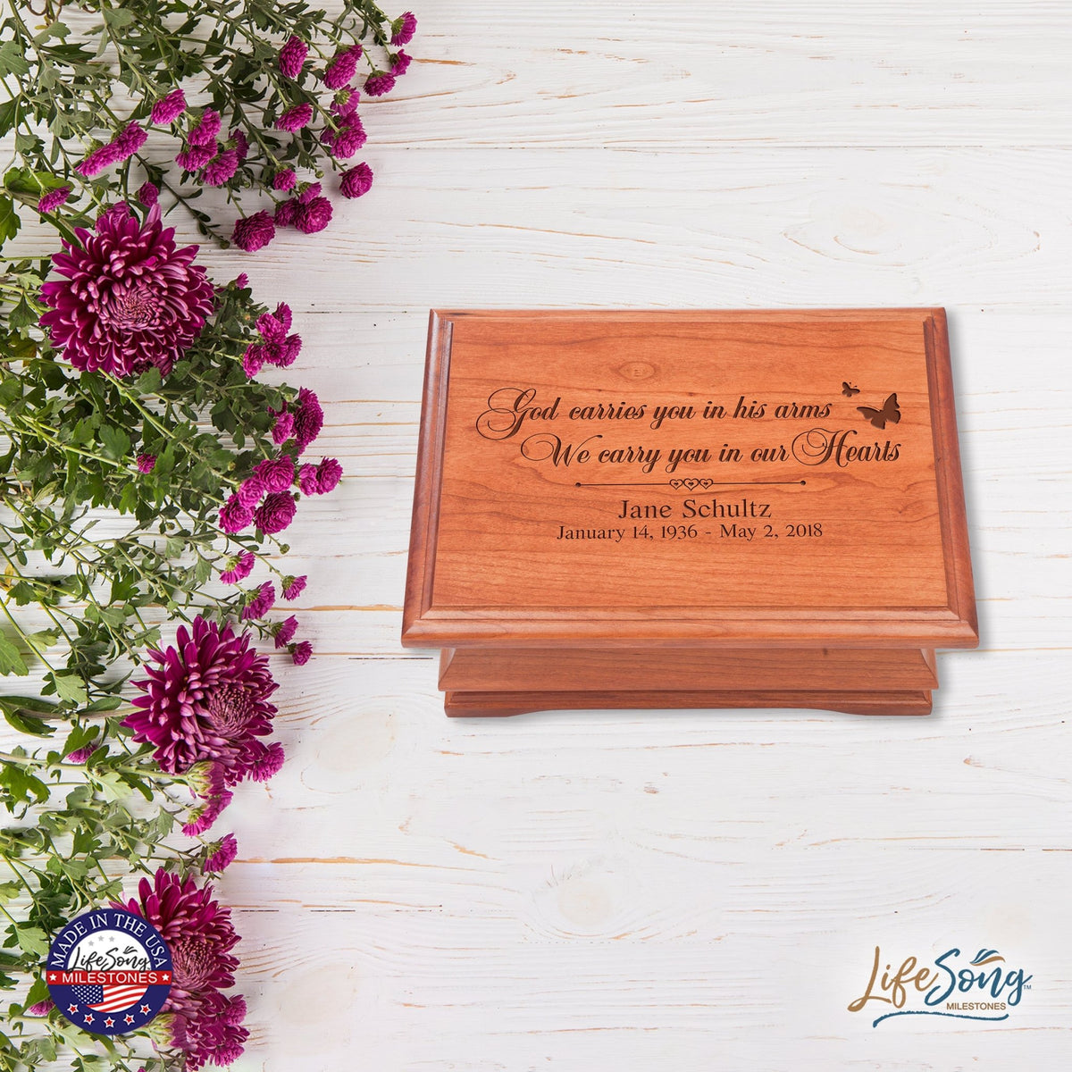 Personalized Wooden Memorial Jewelry Box Organizer 11.5x8.25 – God Carries You - LifeSong Milestones