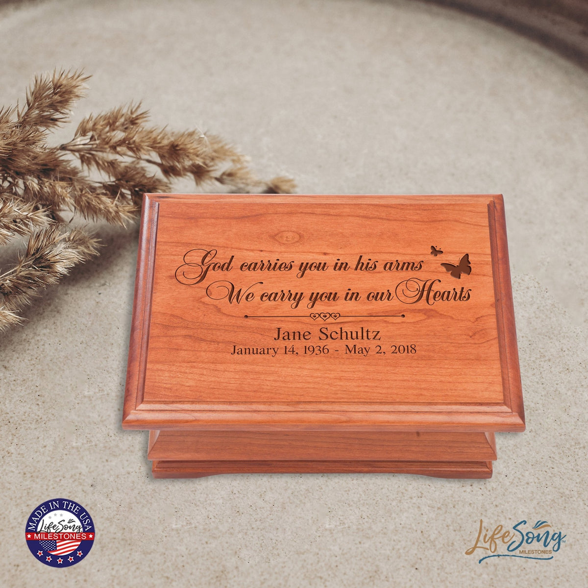 Personalized Wooden Memorial Jewelry Box Organizer 11.5x8.25 – God Carries You - LifeSong Milestones