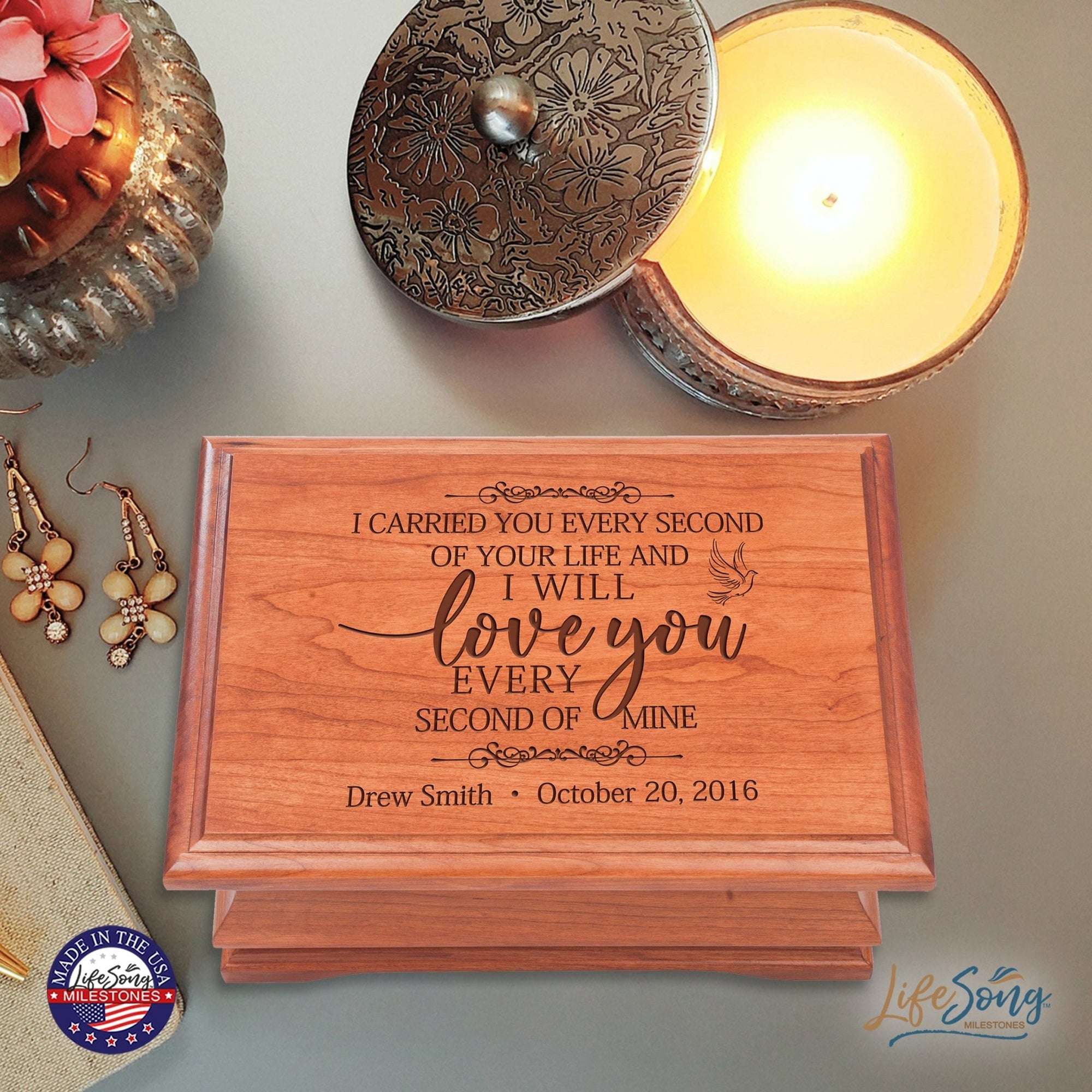 Personalized Wooden Memorial Jewelry Box Organizer 11.5x8.25 – I Carried You Every Second - LifeSong Milestones