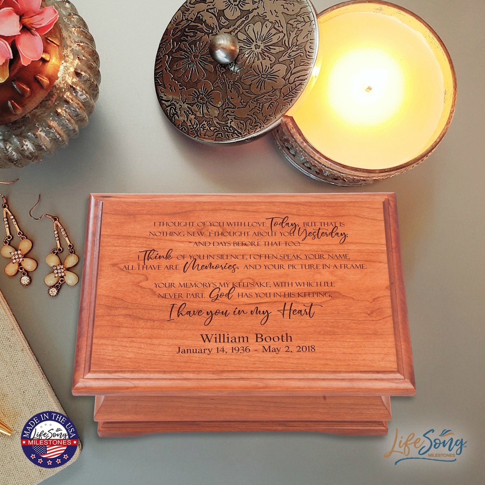 Personalized Wooden Memorial Jewelry Box Organizer 11.5x8.25 – I Thought Of You - LifeSong Milestones