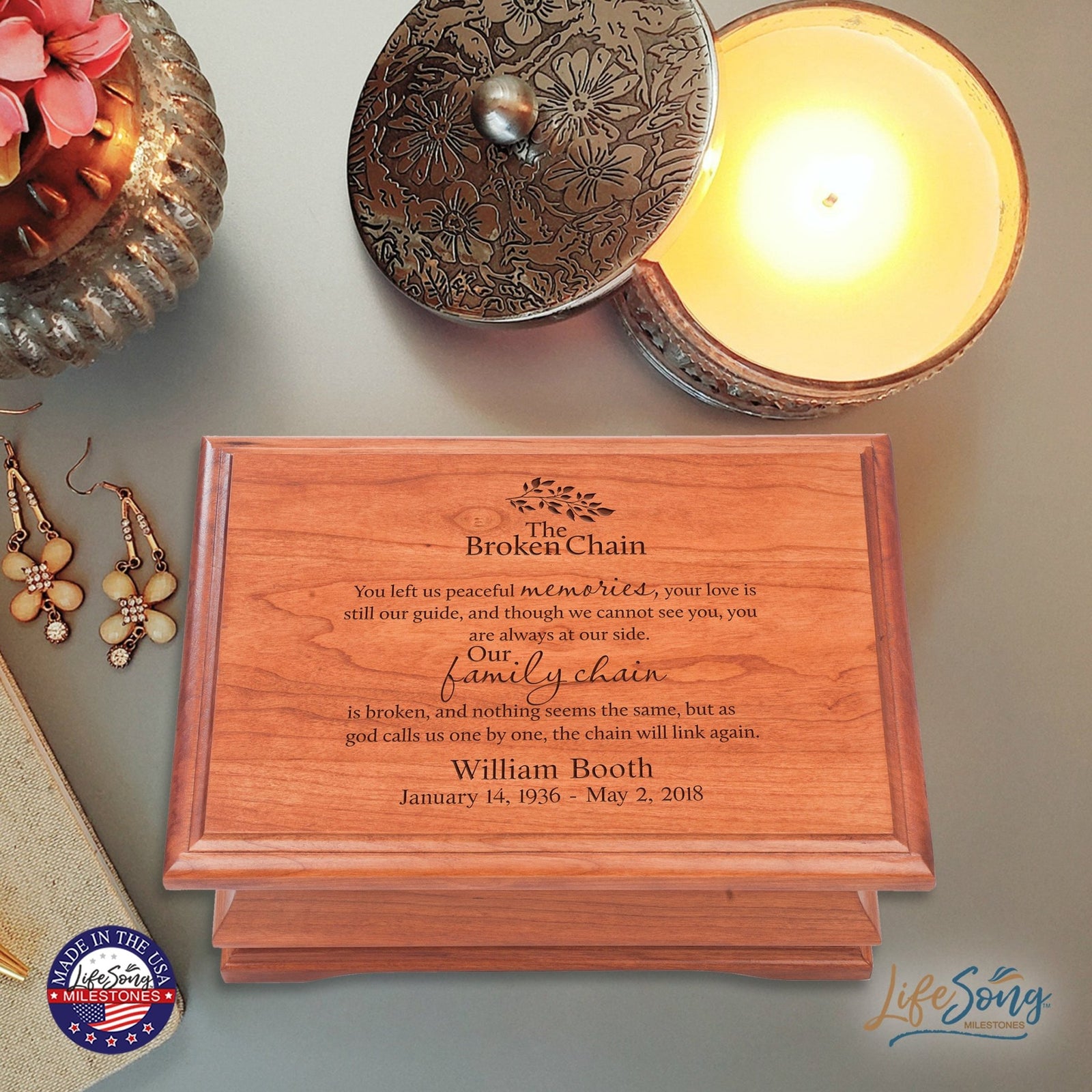 Personalized Wooden Memorial Jewelry Box Organizer 11.5x8.25 – The Broken Chain - LifeSong Milestones