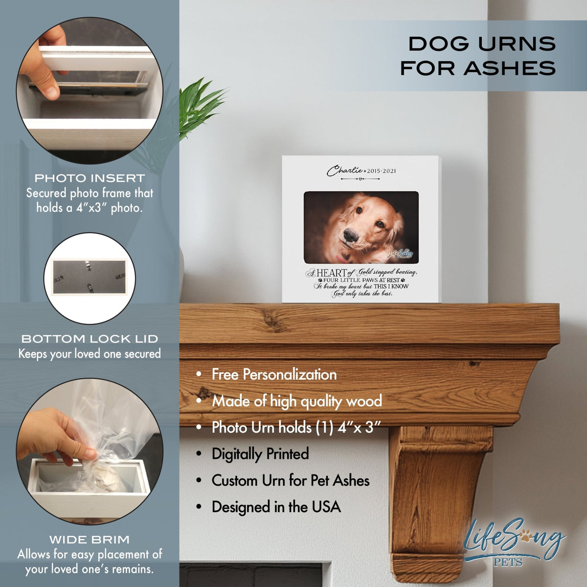 Personalized Wooden Pet Urn with Photo – Handcrafted Pet Remembrance Urn for Dogs & Cats - A Heart Of Gold - LifeSong Milestones
