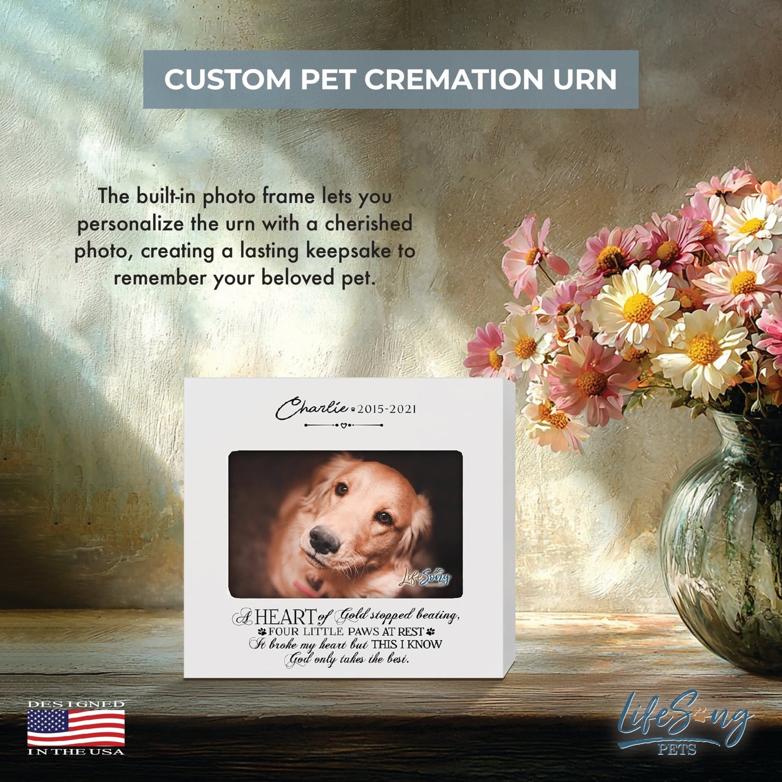 Personalized Wooden Pet Urn with Photo – Handcrafted Pet Remembrance Urn for Dogs & Cats - A Heart Of Gold - LifeSong Milestones