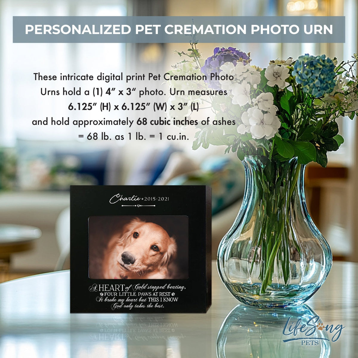 Personalized Wooden Pet Urn with Photo – Handcrafted Pet Remembrance Urn for Dogs & Cats - A Heart Of Gold - LifeSong Milestones