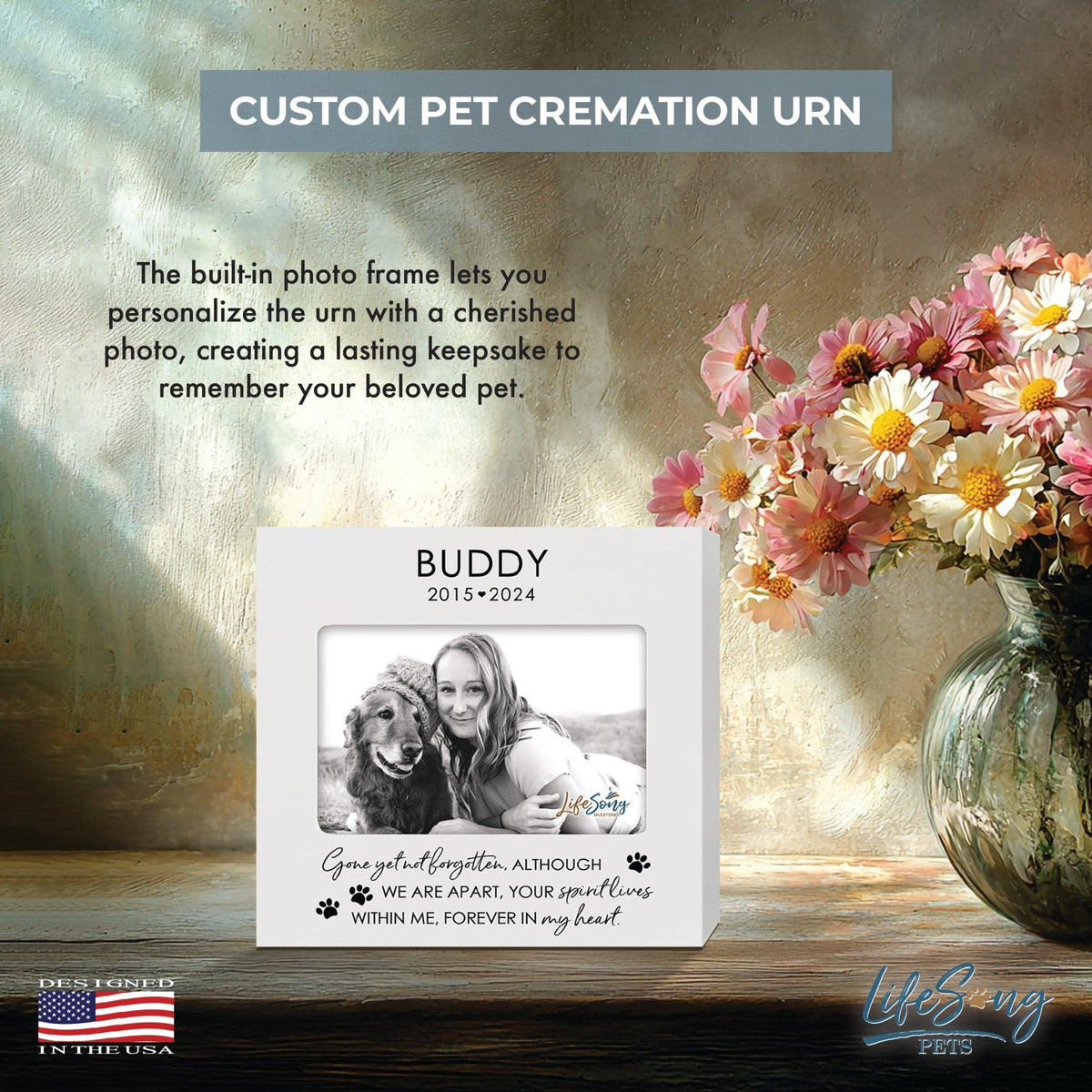 Personalized Wooden Pet Urn with Photo – Handcrafted Pet Remembrance Urn for Dogs & Cats - Gone Yet Not Forgotten - LifeSong Milestones