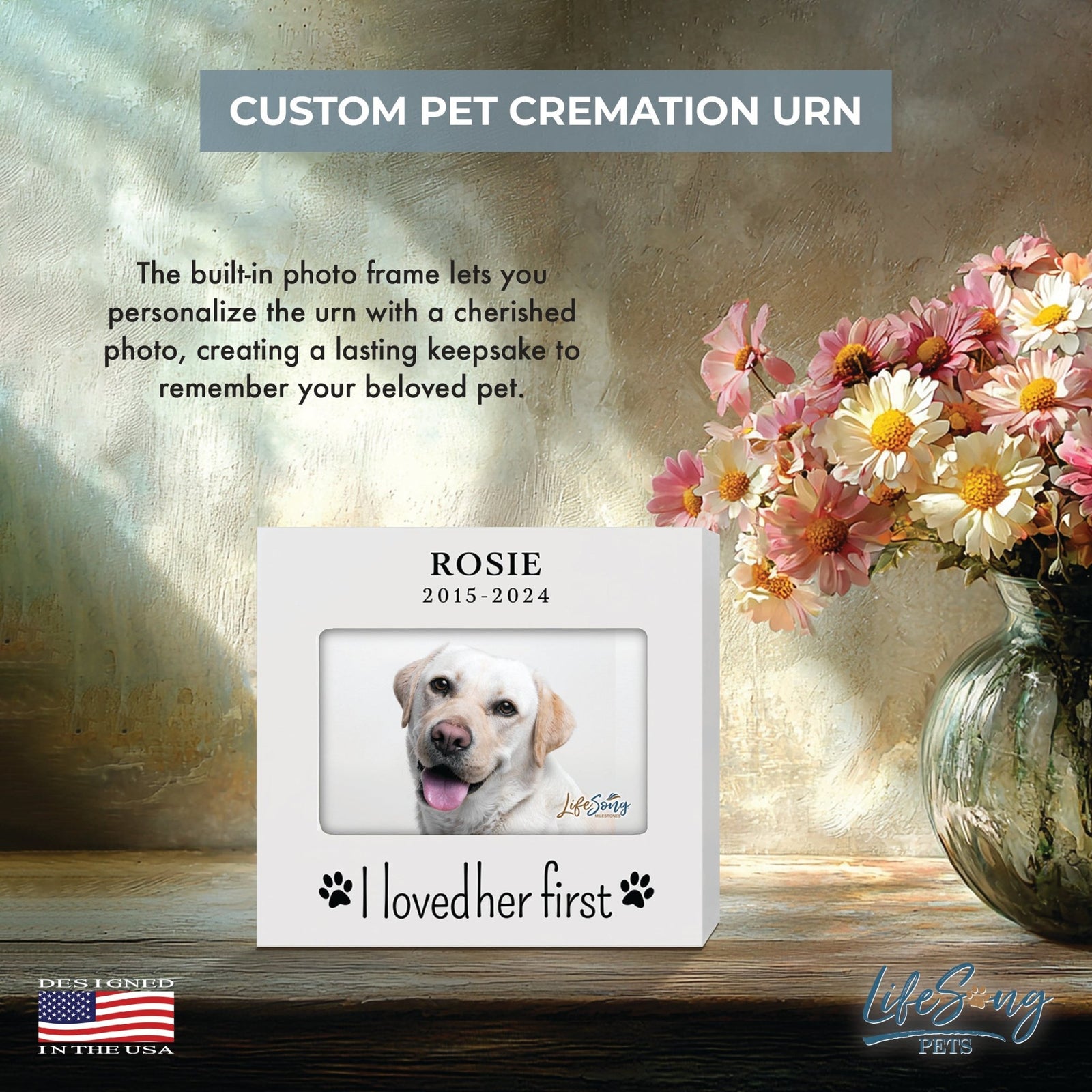 Personalized Wooden Pet Urn with Photo – Handcrafted Pet Remembrance Urn for Dogs & Cats - I Loved Her First - LifeSong Milestones