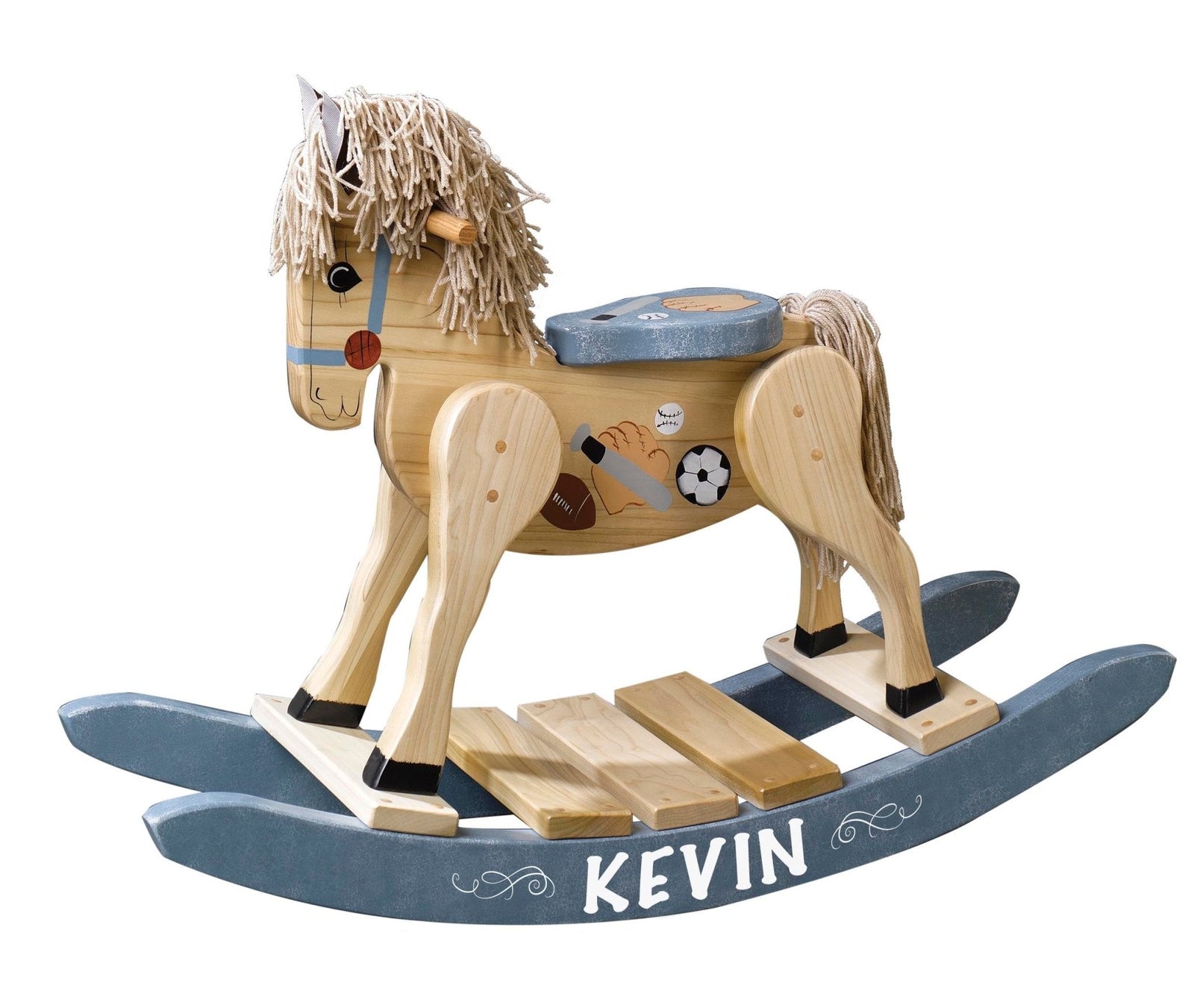 Personalized wooden rocking horse with blue rocker