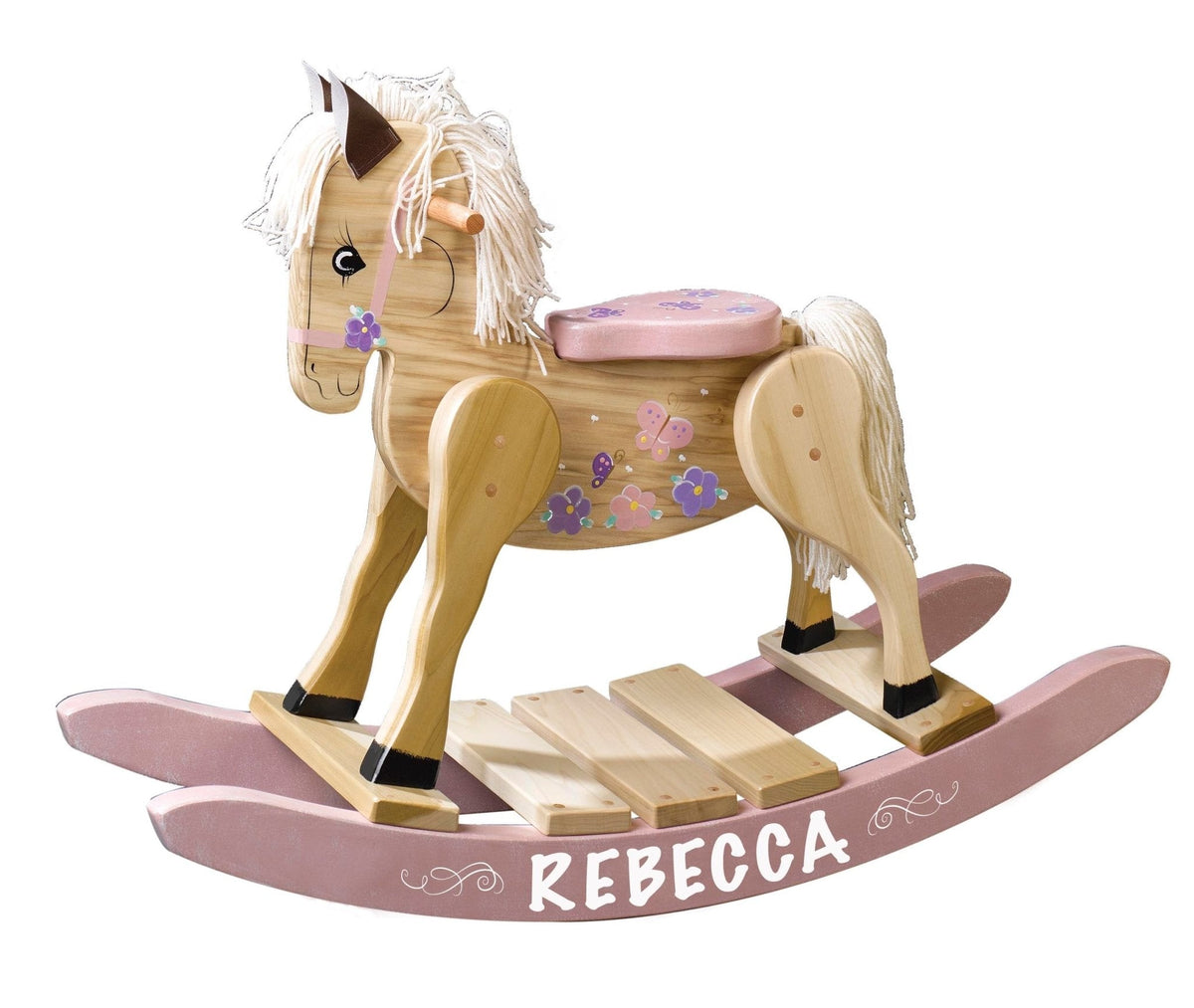 Pink personalized wooden rocking horse on white background