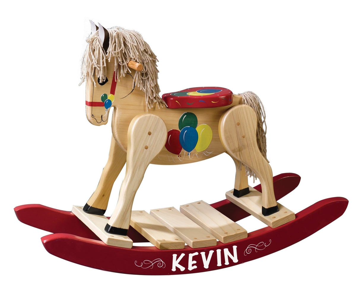 Custom wooden rocking horse with red rocker base and name “Kevin” on white background