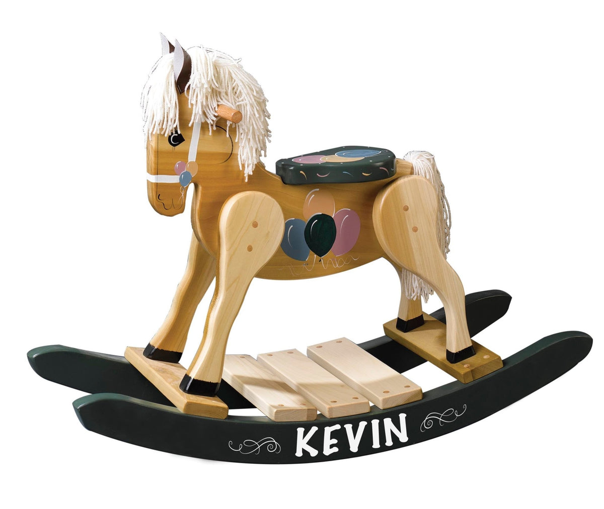 Custom wooden rocking horse with black rocker base and name “Kevin” on white background