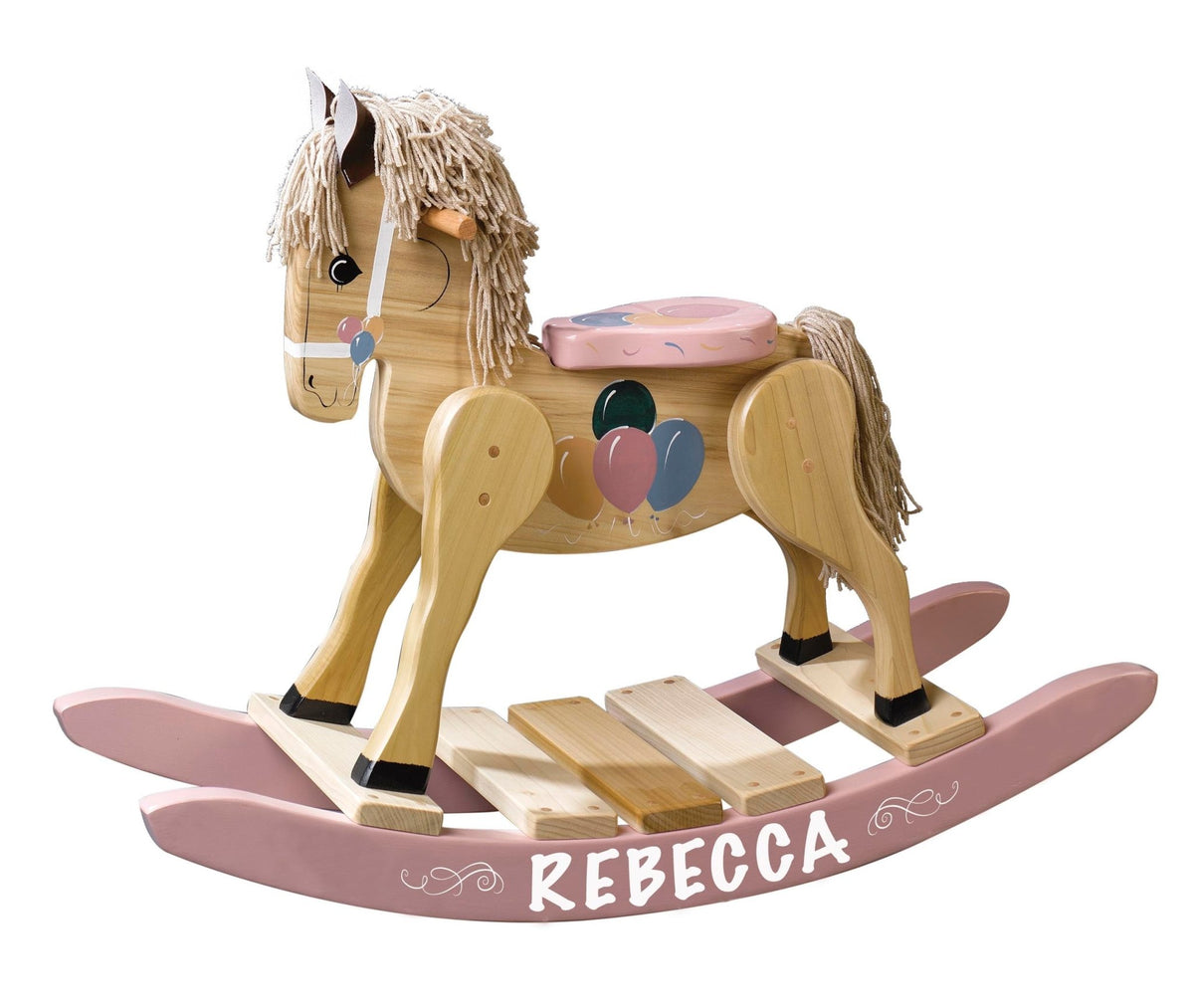 Custom wooden rocking horse with pink rocker base and name “Rebecca” on white background