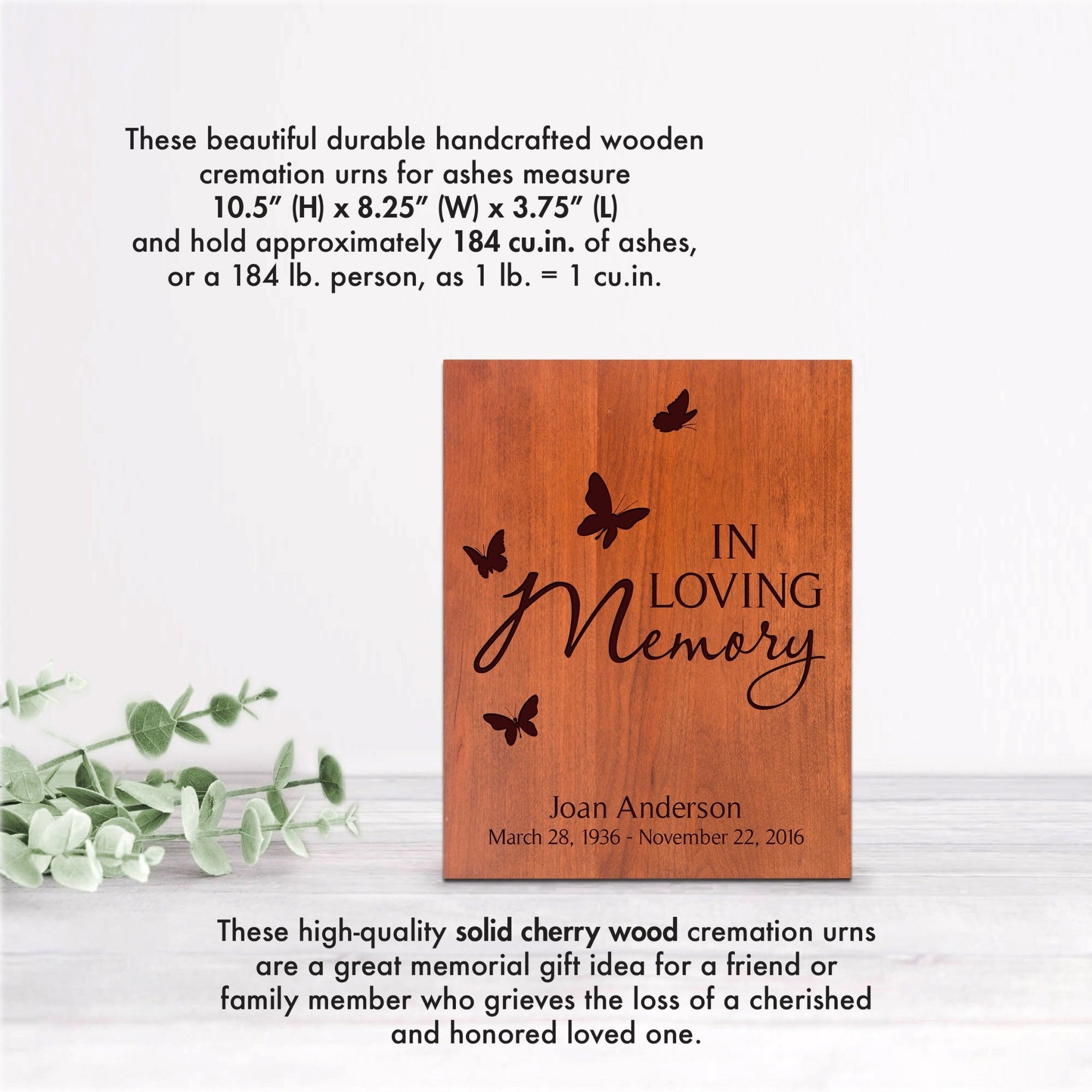 Personalized Wooden Scattering Urn for Adult Human Ashes holds 184 cu in In Loving Memory (butterfly) - LifeSong Milestones