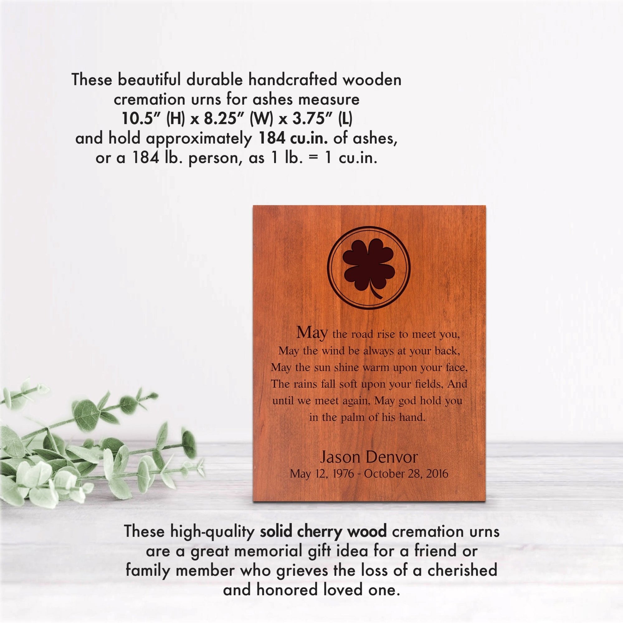 Personalized Wooden Scattering Urn for Adult Human Ashes holds 184 cu in May The Road Rise - LifeSong Milestones